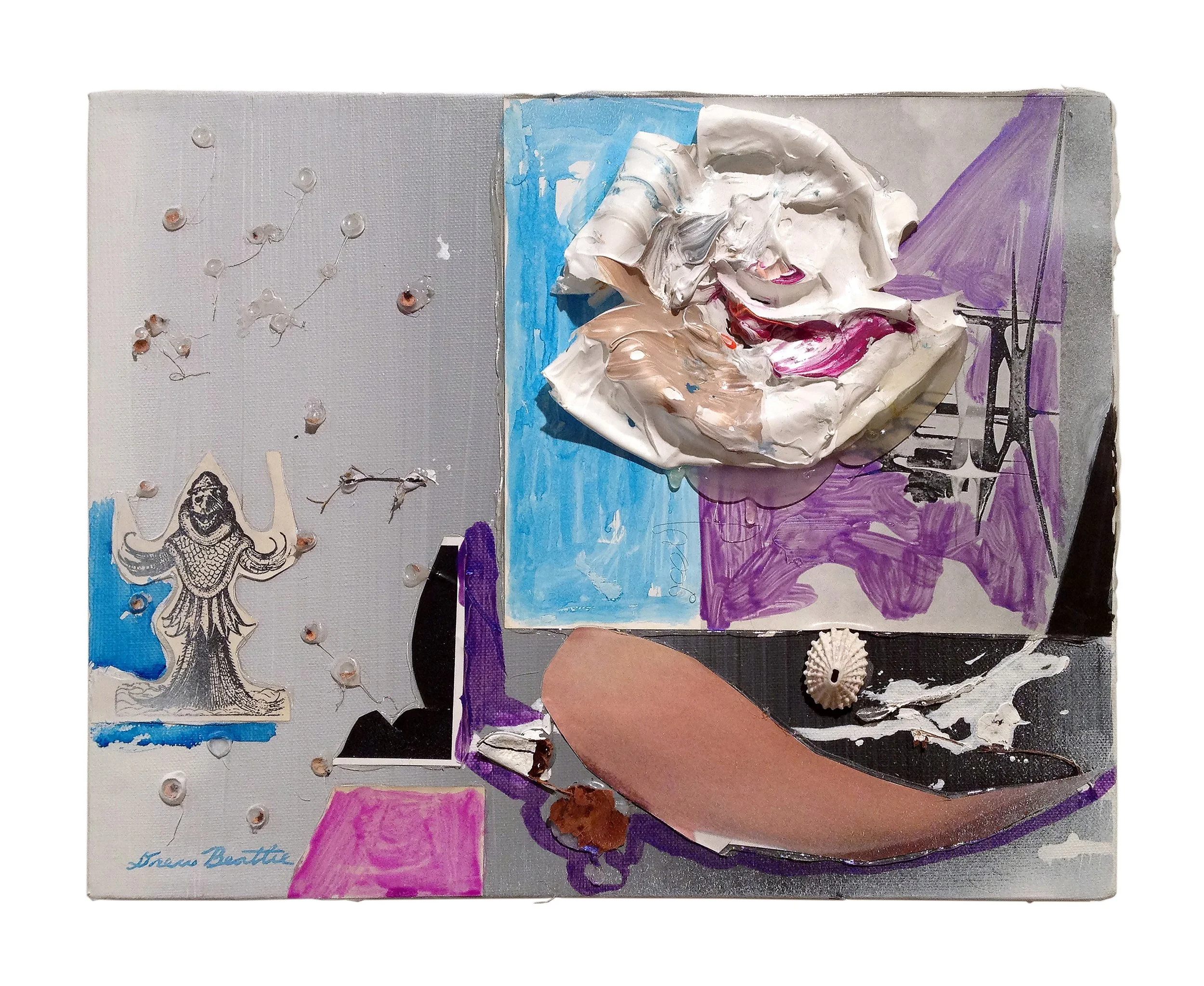  Drew Beattie  Mediterranean   2014 acrylic, shell, leaf, collage and hot glue on canvas 11 x 14 inches 