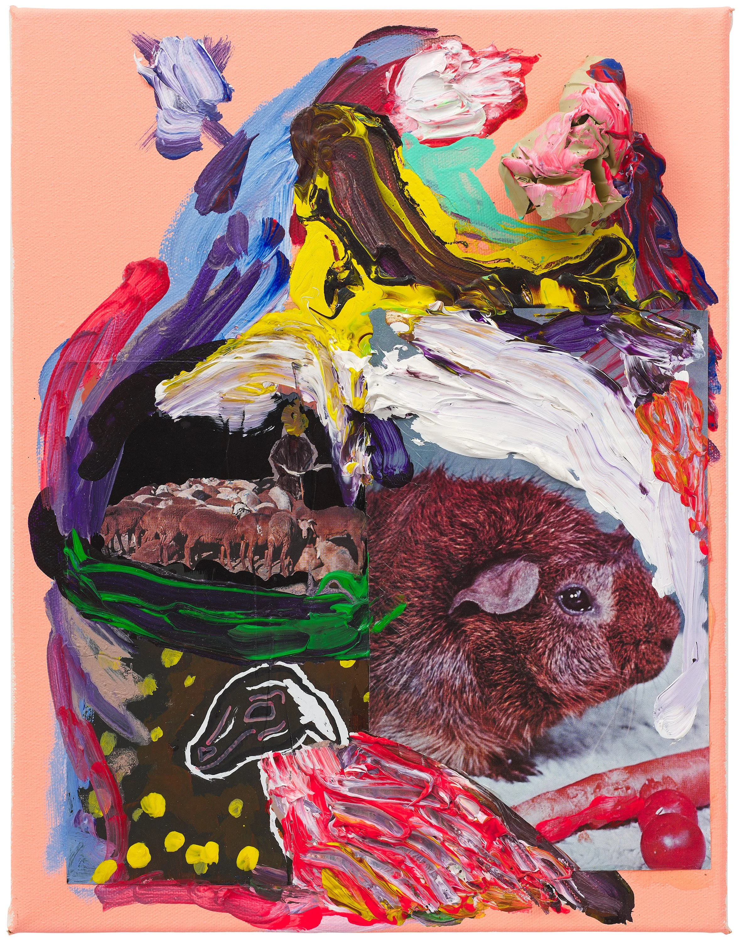  Drew Beattie  Animals on a Hill    2016 acrylic, bondo and collage on canvas 14 x 11 inches 