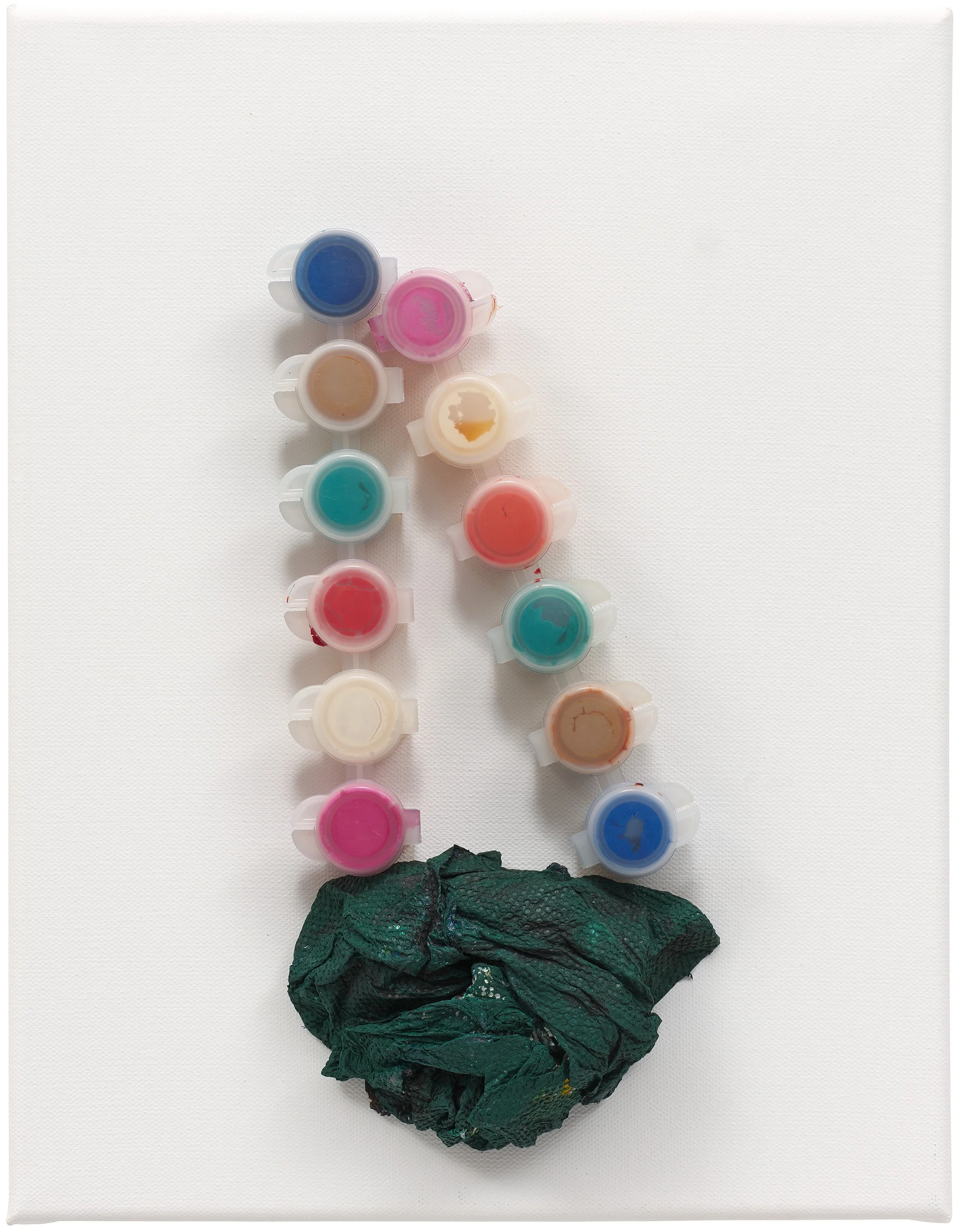  Drew Beattie  Frog Clown   2022 acrylic, paper towel, plastic paint containers and epoxy on canvas 14 x 11 inches 