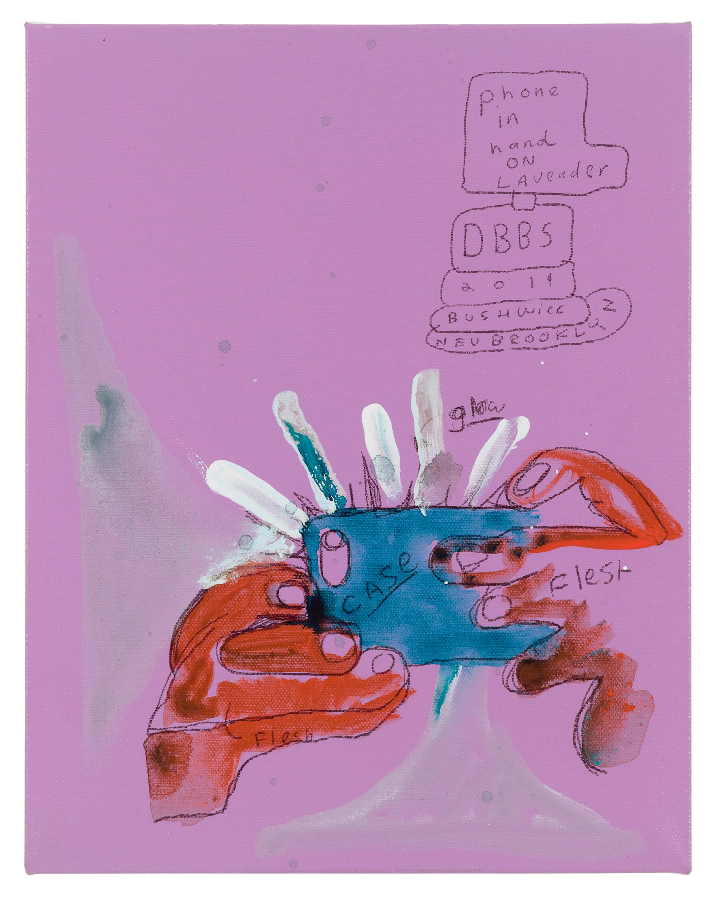  Drew Beattie and Ben Shepard  Phone in Hand on Lavender   2019 acrylic and collage on canvas 14 x 11 inches 