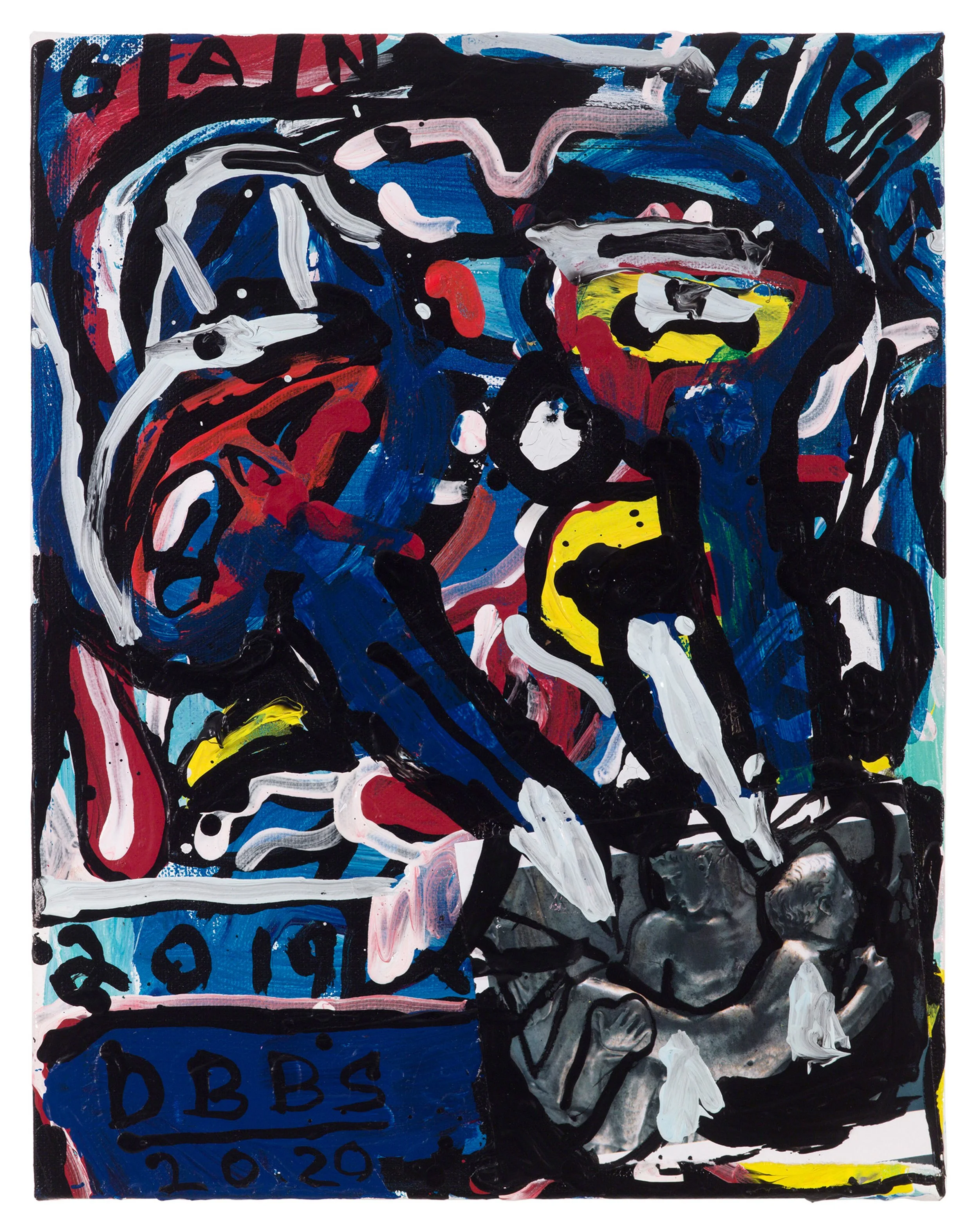  Drew Beattie and Ben Shepard  The Freezer   2019 acrylic and collage on canvas 14 x 11 inches 