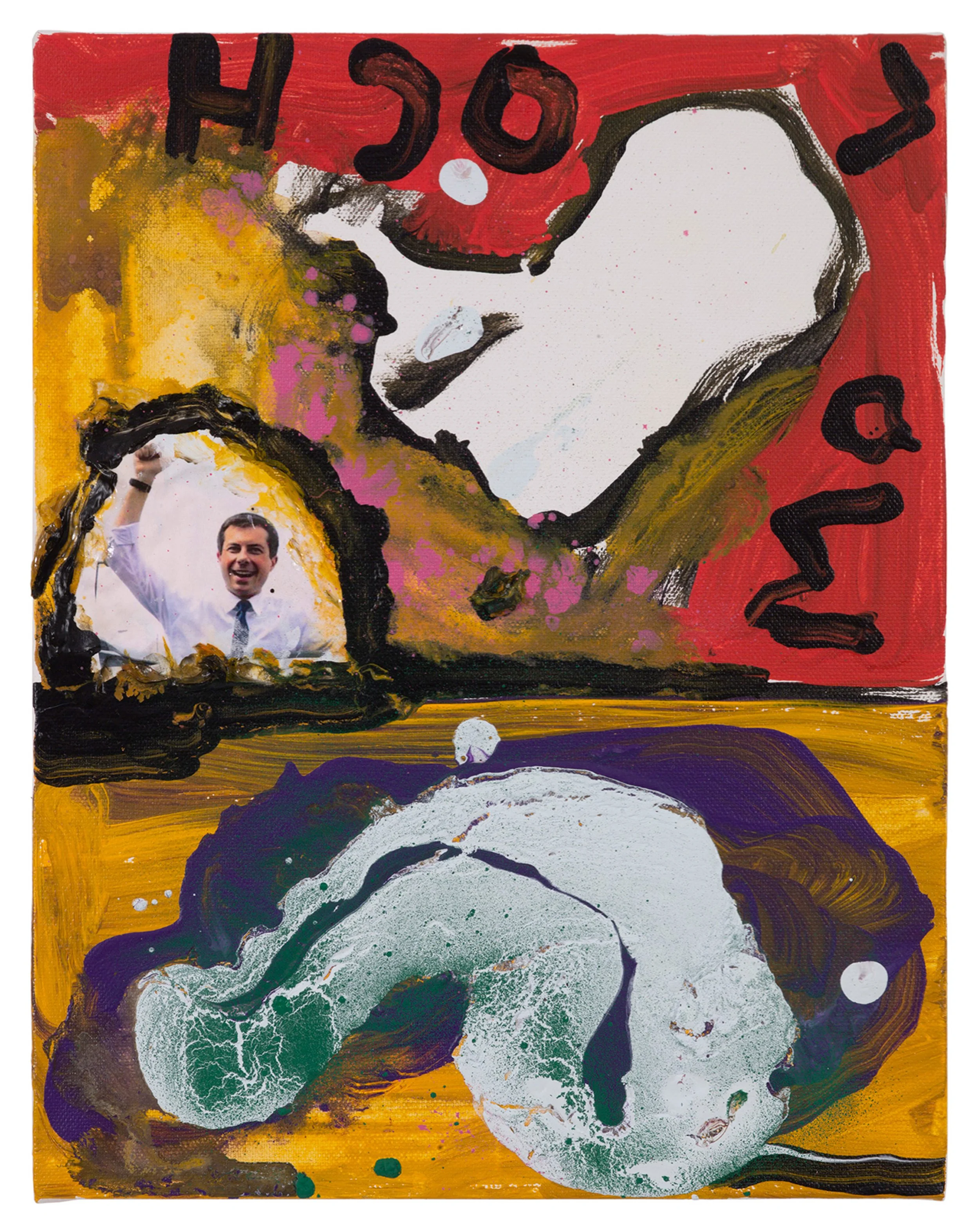  Drew Beattie and Ben Shepard  Landscape with Mayor and Moloch   2019 acrylic, spray paint and collage on canvas 14 x 11 inches 