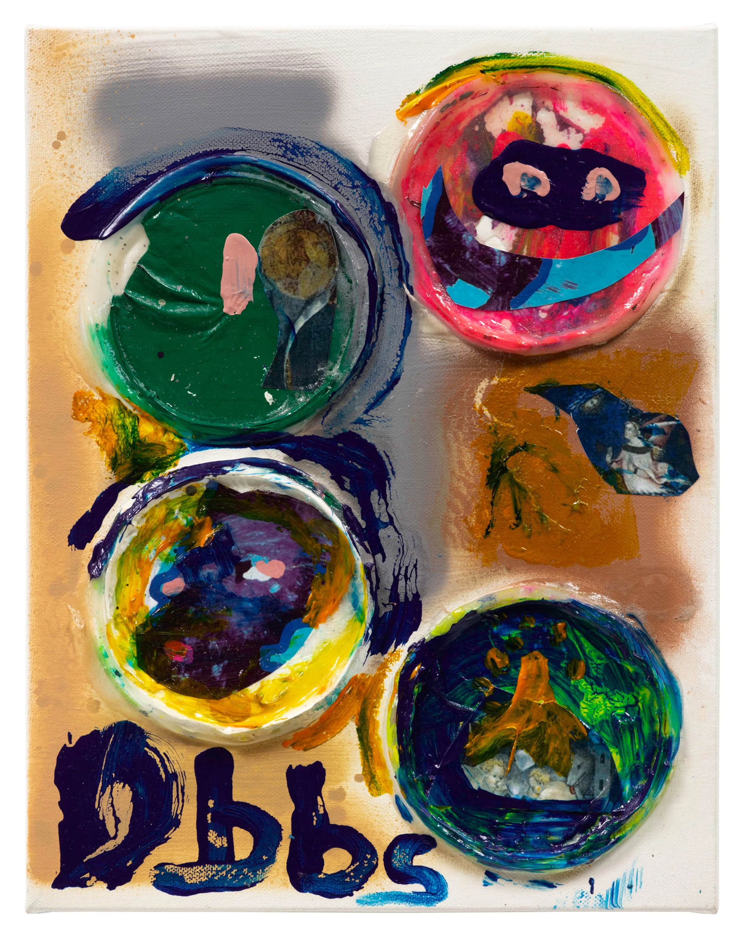  Drew Beattie and Ben Shepard  Monk’s Reunion   2019 acrylic, spray paint, collage and plastic lids on canvas 14 x 11 inches 