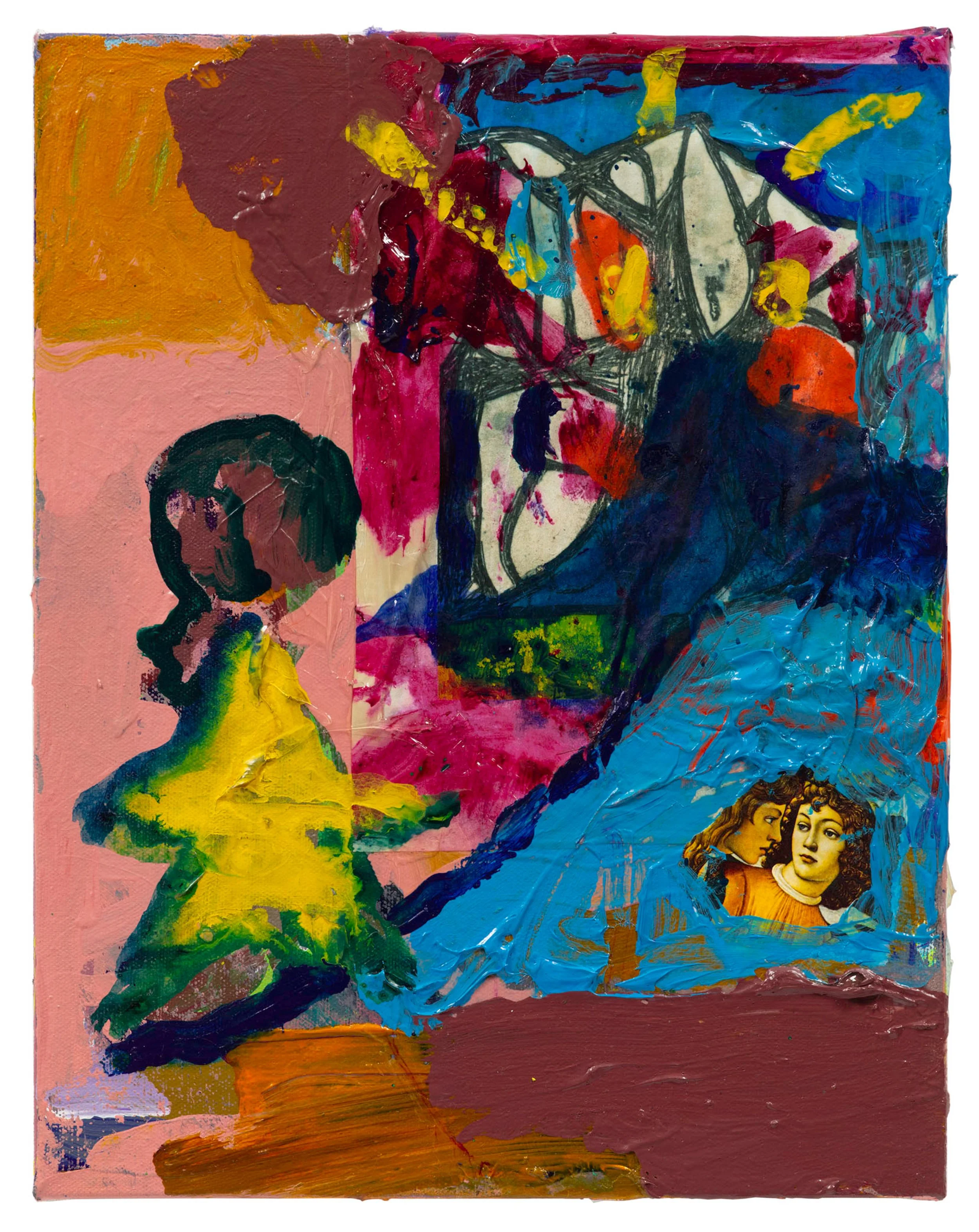 Drew Beattie and Ben Shepard  Terry, Botticelli and Star in ‘Blue Chocolate’    2019 acrylic and collage on canvas 14 x 11 inches 