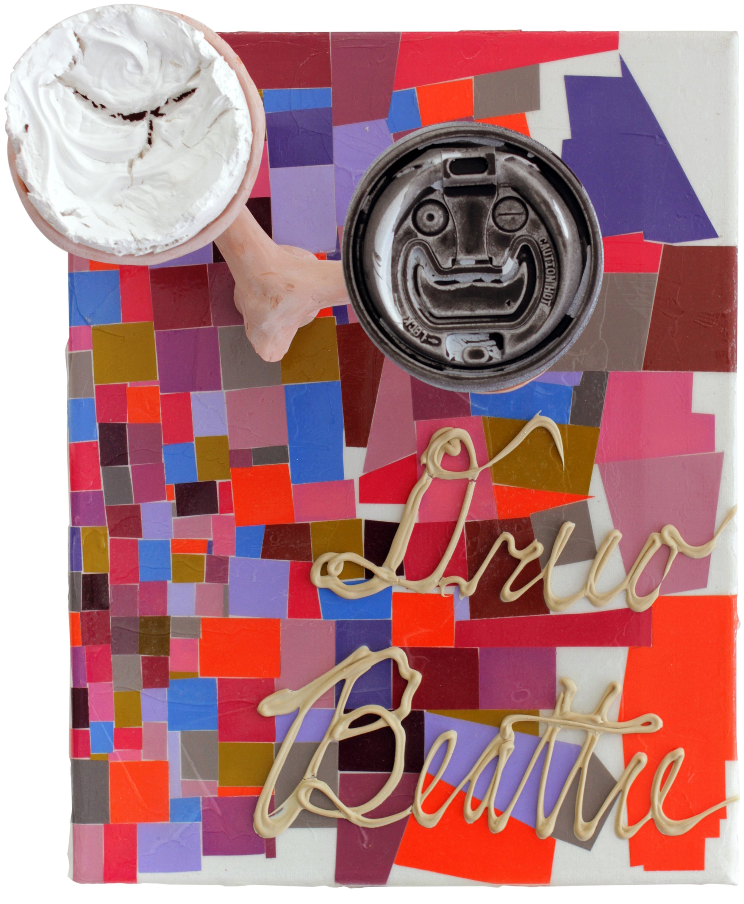  Drew Beattie  Dreetle   2012 acrylic, coffee lid, ceramic, epoxy, Liquid Nails, and cut papers on canvas 14 x 11 inches 