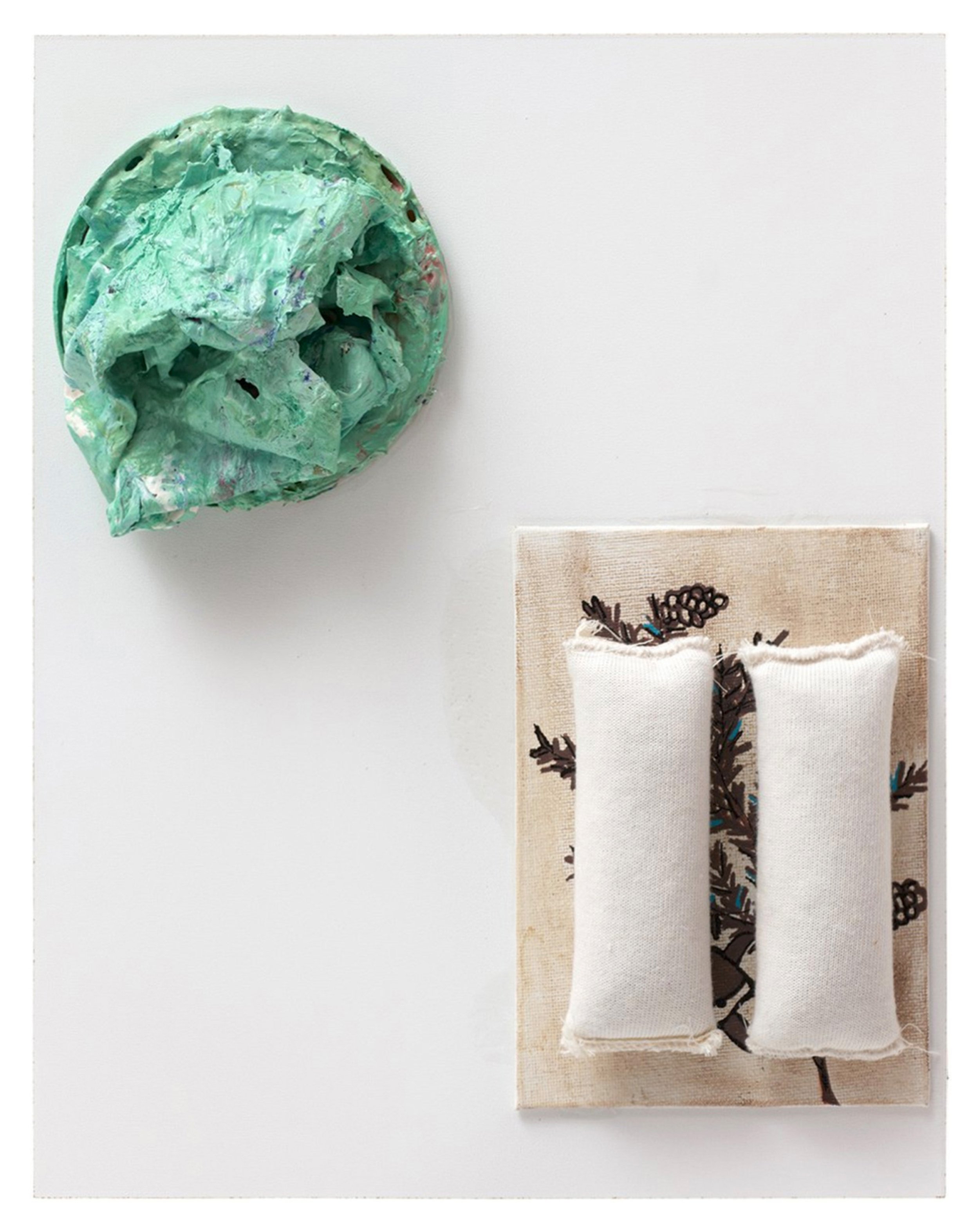  Drew Beattie   American Gothic   2024 acrylic, plastic lid and bag weights on canvas 14 x 11 inches 