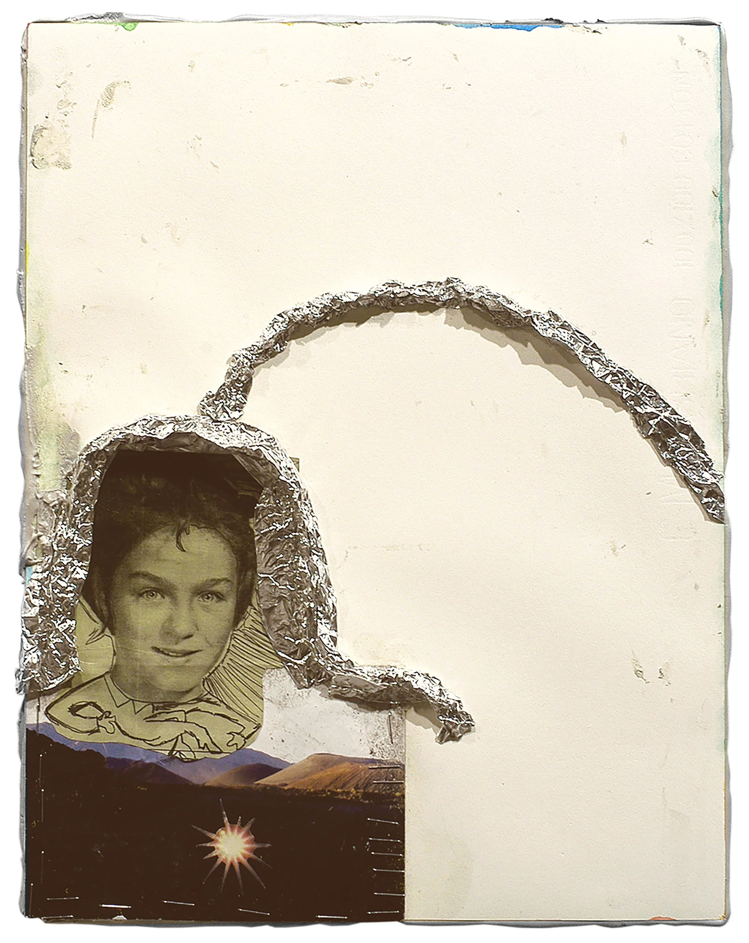  Drew Beattie  Colorado &nbsp; 2005 bondo, collage, foil and staples on paper on canvas &nbsp;&nbsp;&nbsp;&nbsp; &nbsp; 14¼ x 11¼ inches 