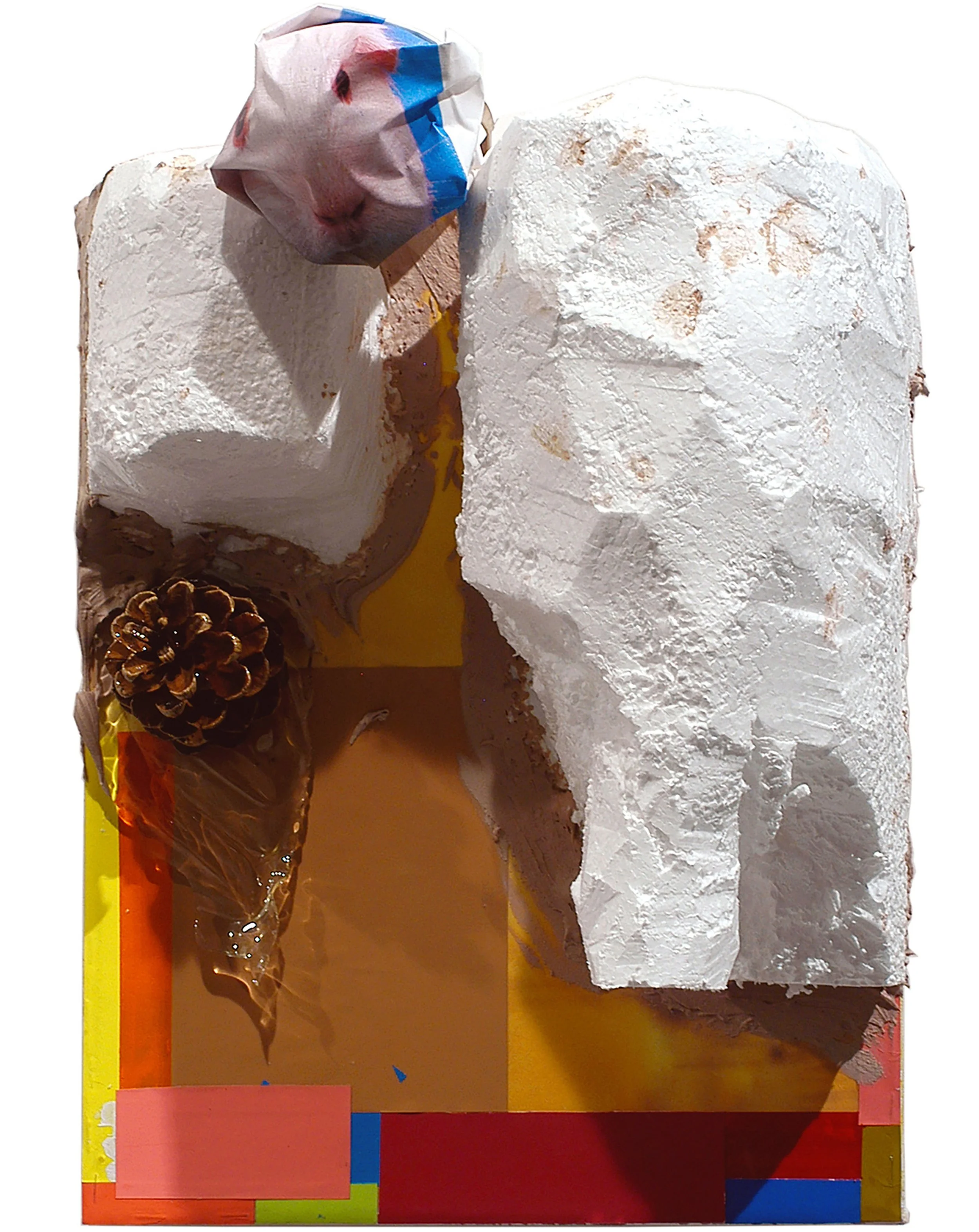  Drew Beattie  Hole in My Island &nbsp; 2005 acrylic, bondo, collage on light bulb, styrofoam, pine cone, resin and colored paper on canvas 14½ x 11¼ inches 