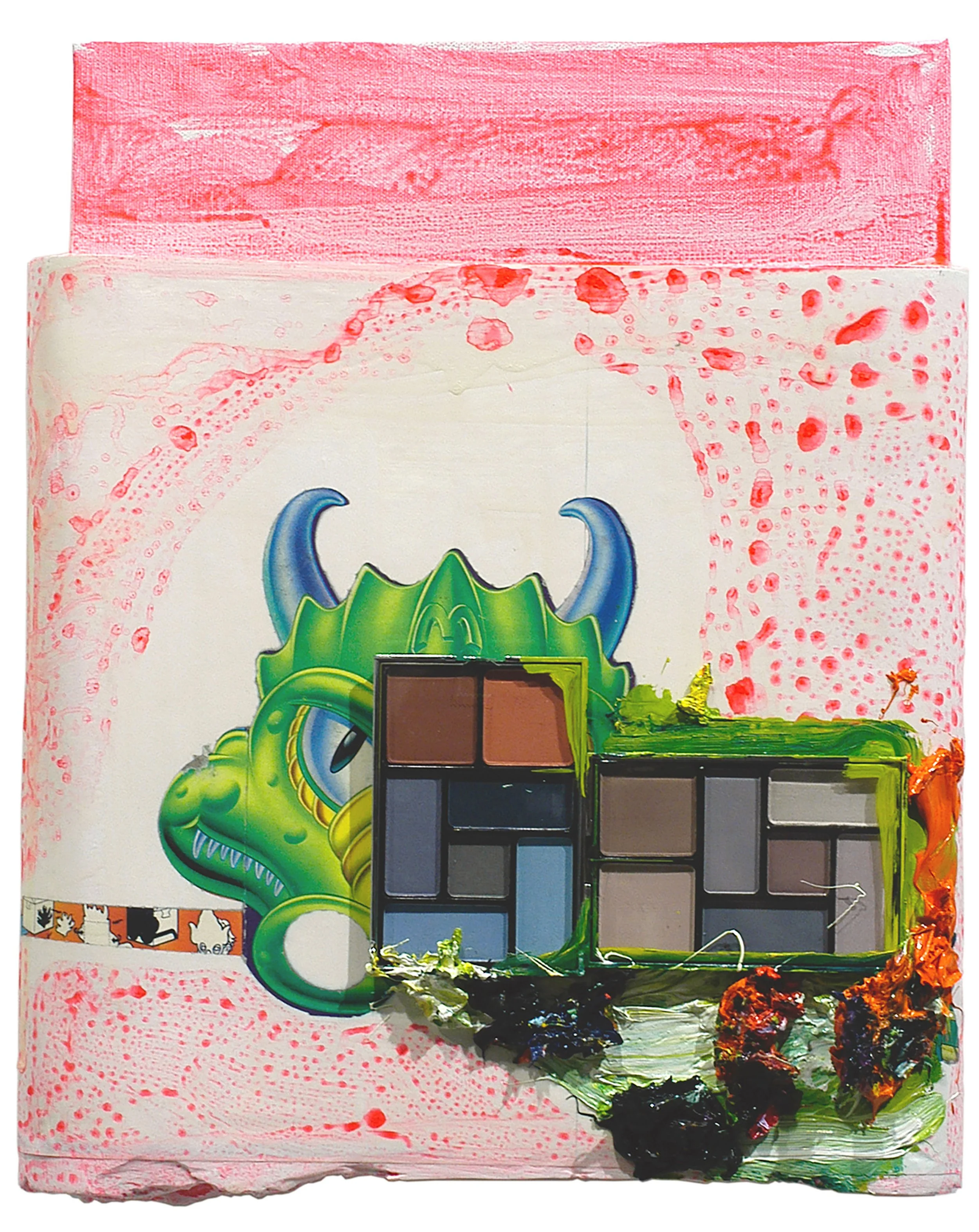  Drew Beattie  Make-up Dragon &nbsp; 2005 oil, acrylic, collage, cosmetic kits and plaster on canvas 14¾ x 11¾ inches 
