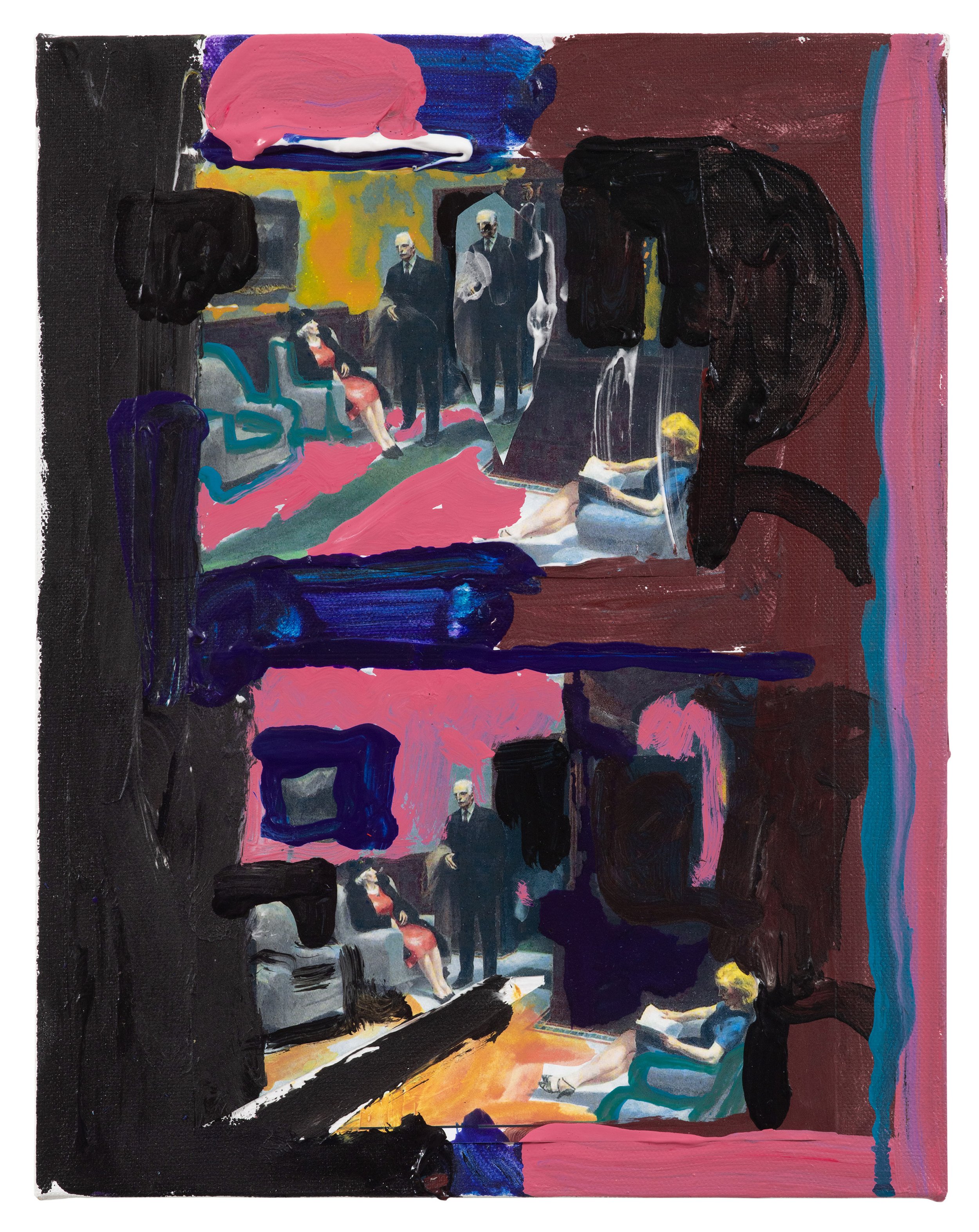  Drew Beattie and Ben Shepard  Double Hopper Lobby   2021 acrylic and collage on canvas 14 x 11 inches 