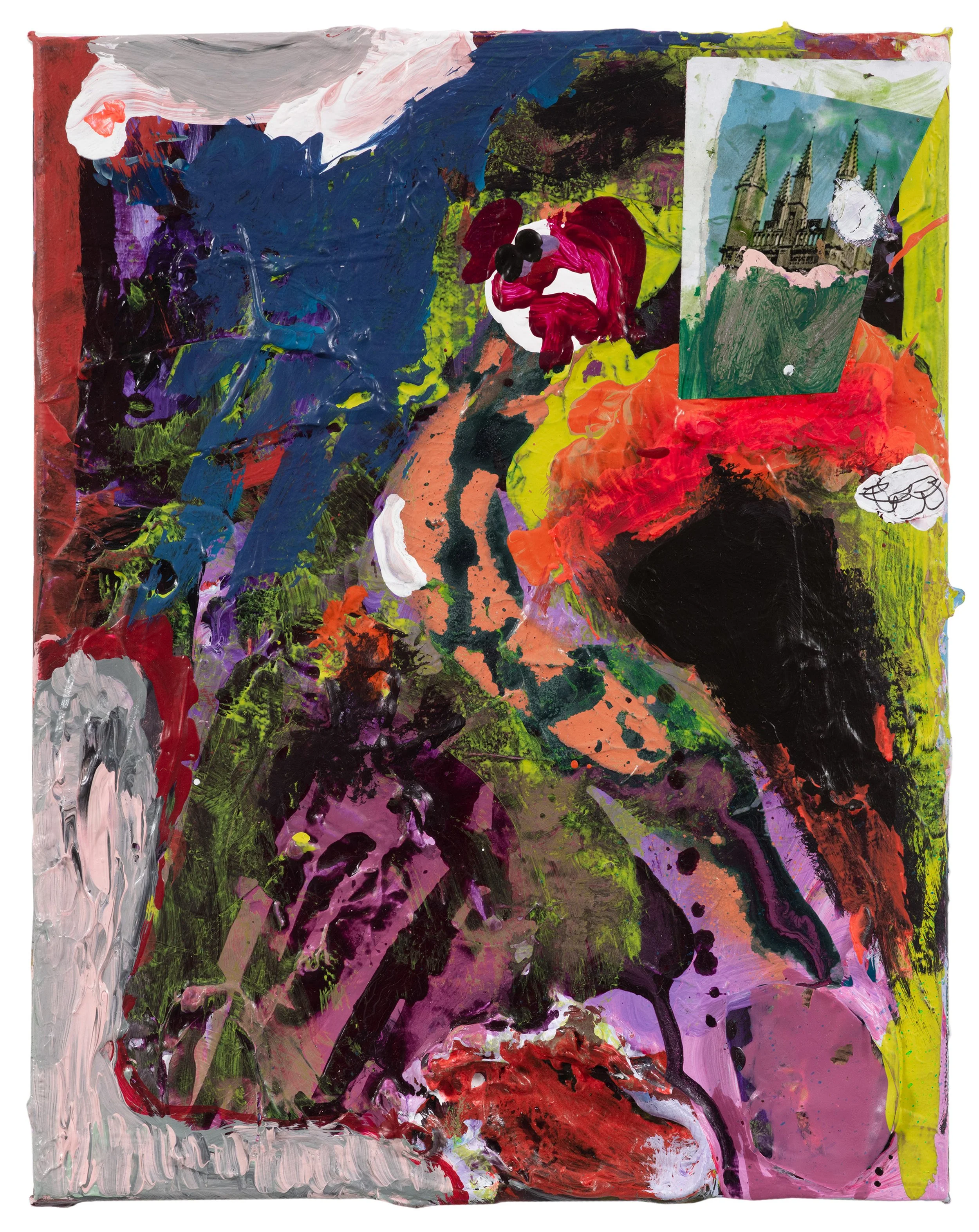 Drew Beattie and Ben Shepard  Clown Shoulder Castle   2021 acrylic, spray paint and collage on canvas 14 x 11 inches  