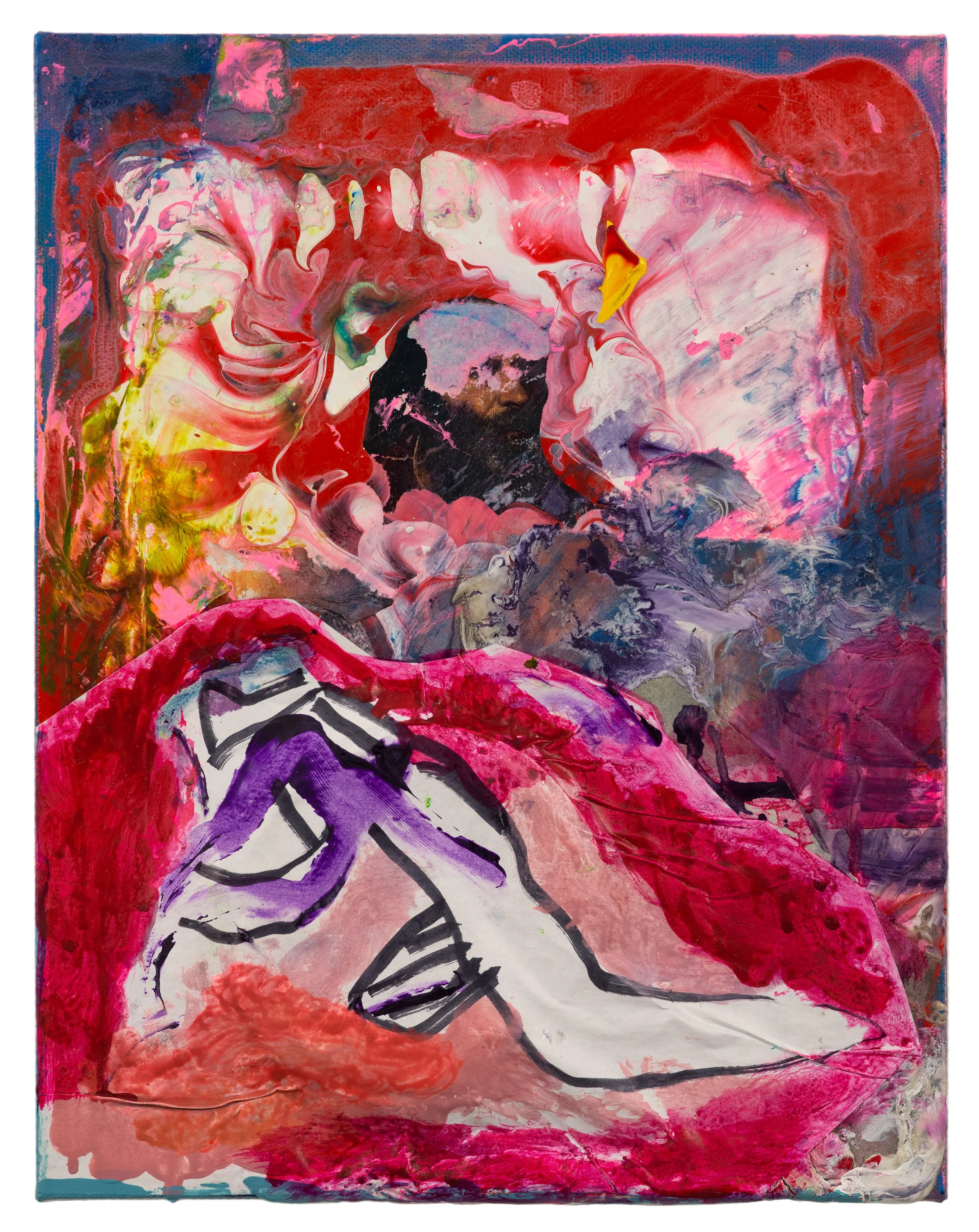  Drew Beattie and Ben Shepard Crawling to Venice    2021 acrylic, collage and plastic lid on canvas 14 x 11 inches 