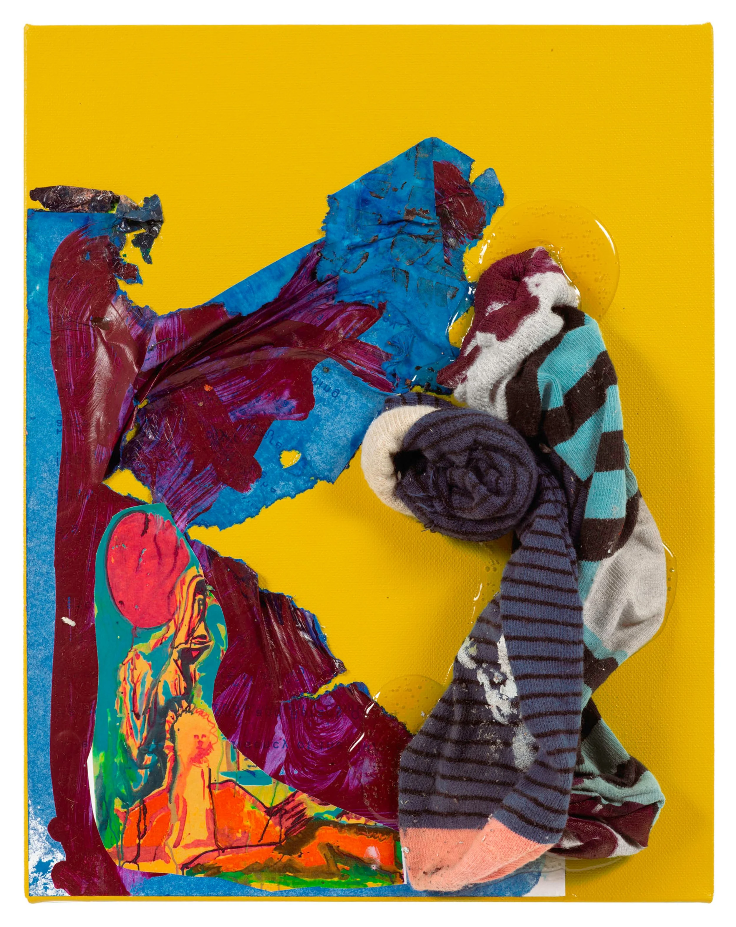  Drew Beattie  Cruel World   2020 acrylic, collage and socks on canvas 14 x 11 inches 