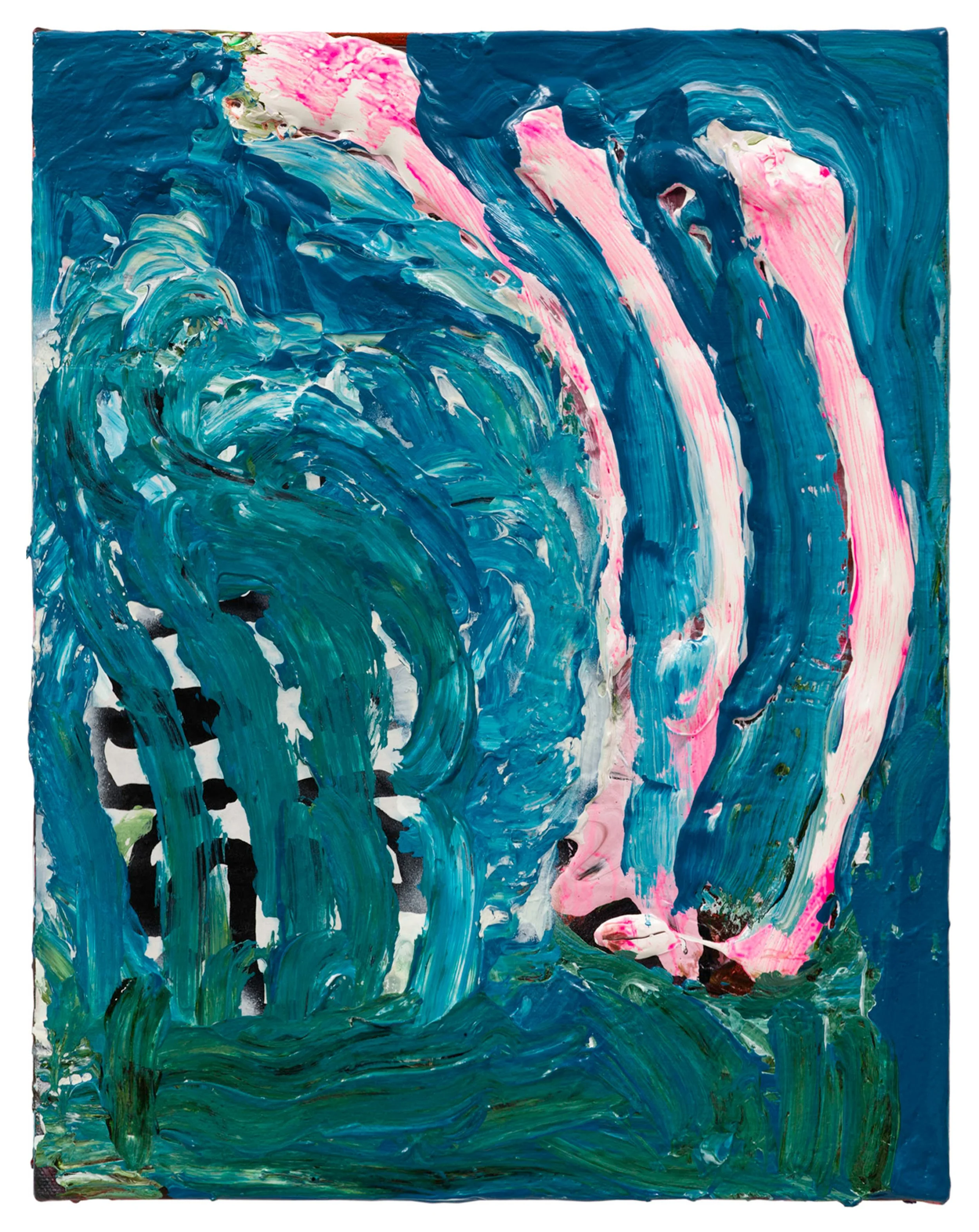  Drew Beattie  Bad Lion, Pink Trees, Hidden House   2020 acrylic and collage on canvas 14 x 11 inches 