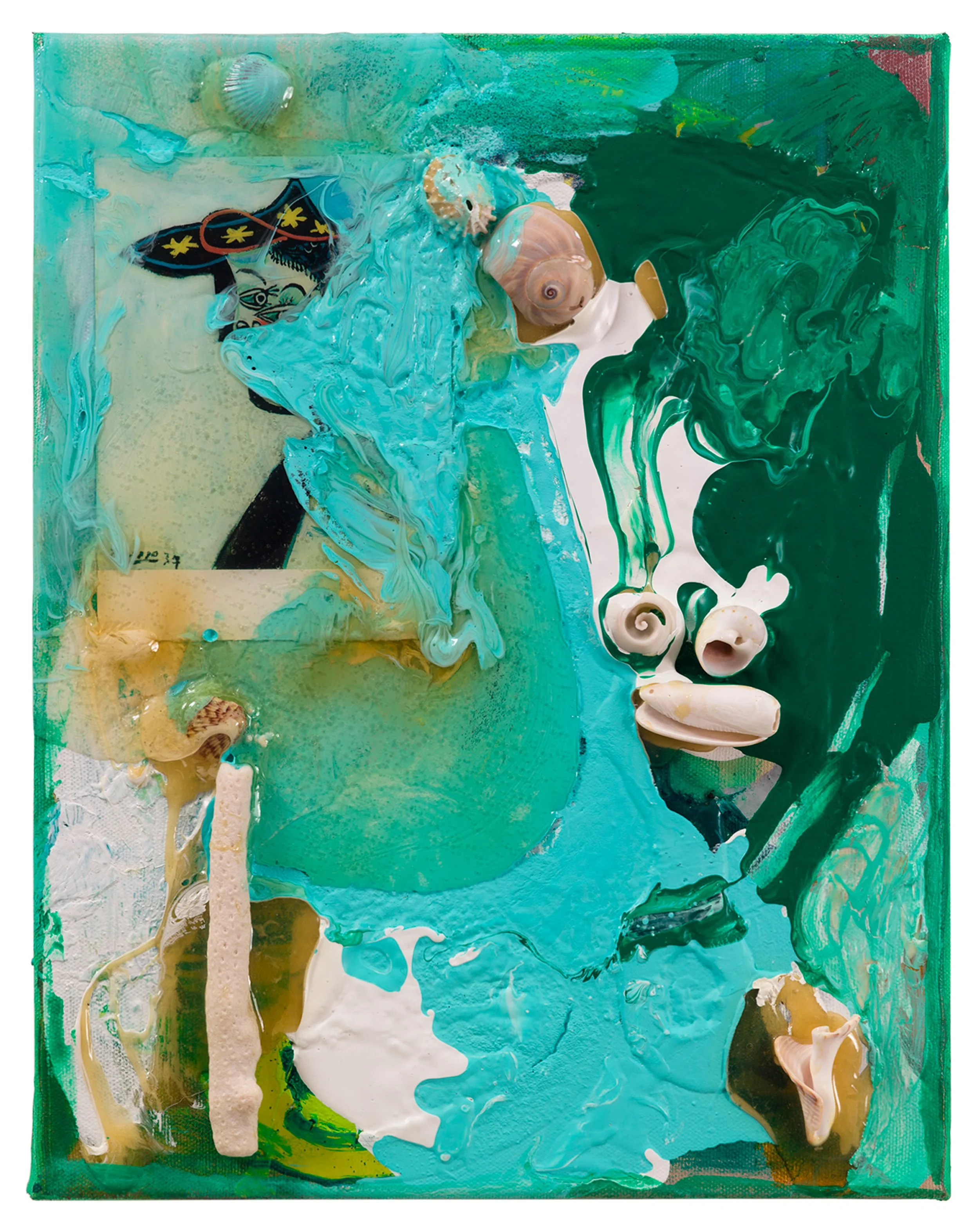 Drew Beattie  Iffy the Cat   2017 acrylic, shells, epoxy and postcard on canvas 14 x 11 inches 