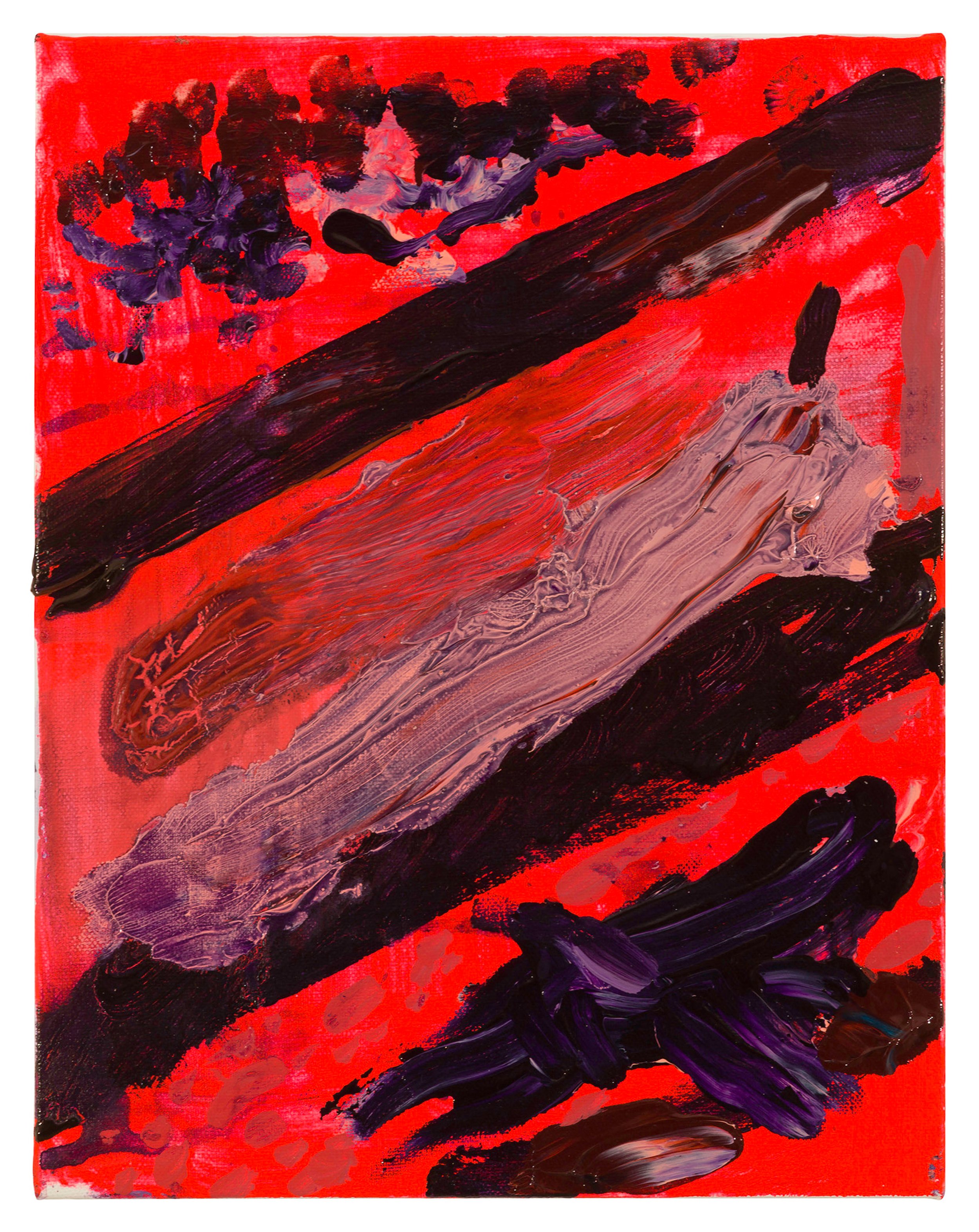 Drew Beattie and Ben Shepard  Diagonal Shelves on Fluorescent Red   2016 acrylic on canvas 14 x 11 inches 