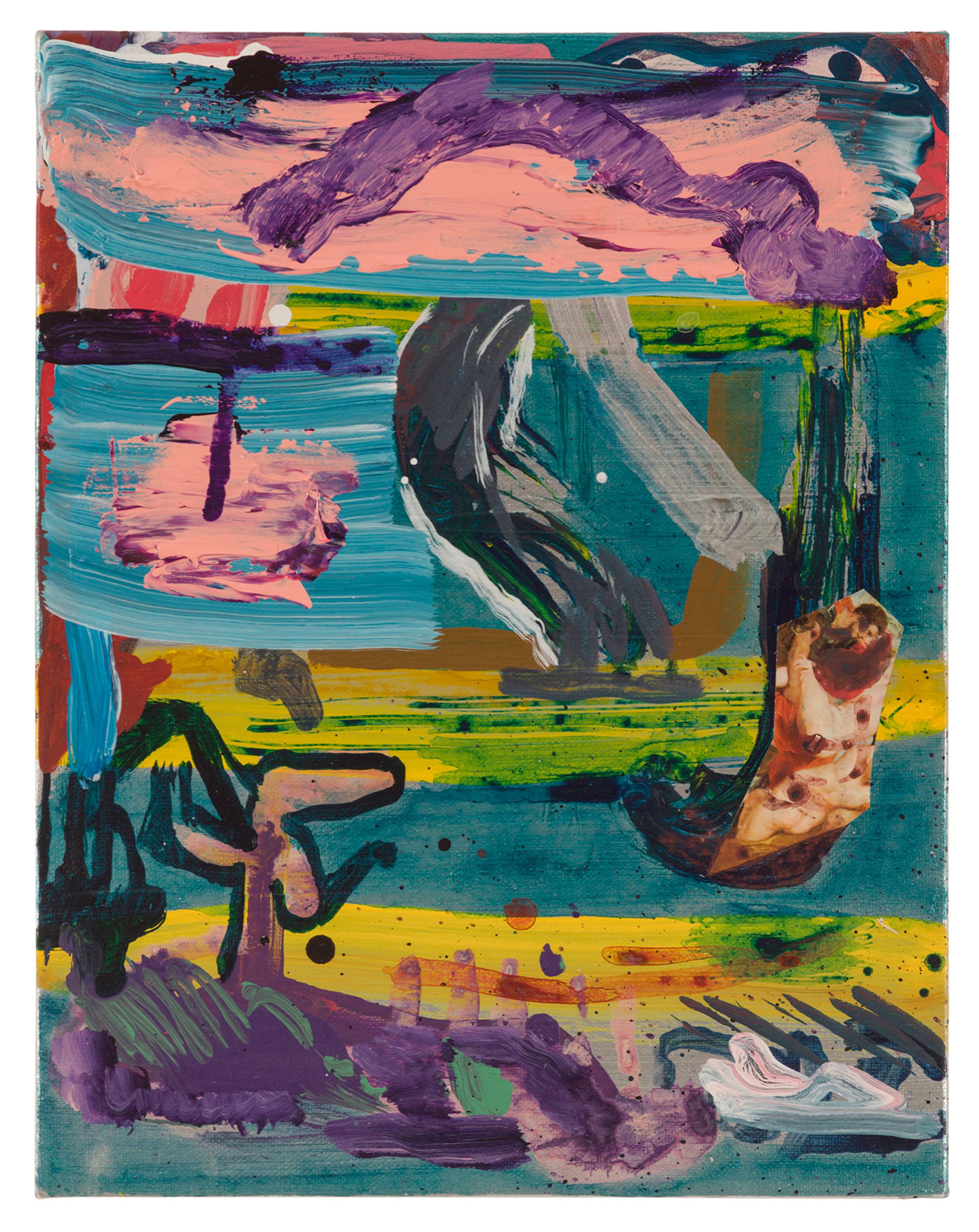  Drew Beattie and Ben Shepard  Small Shelves with Torture   2016 acrylic and spray paint on canvas 14 x 11 inches 