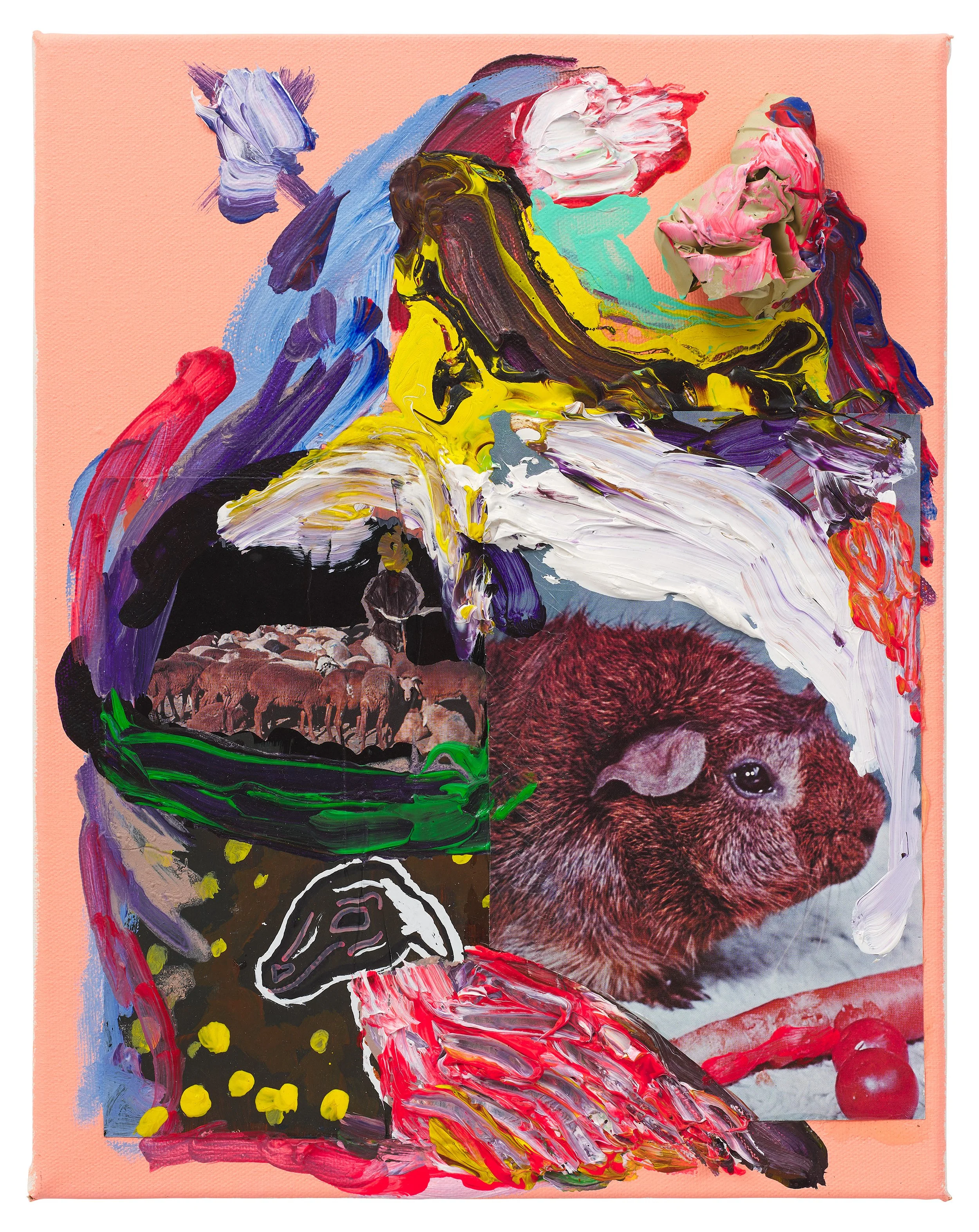  Drew Beattie Animals on a Hill  2016 acrylic, bondo and collage on canvas 14 x 11 inches 
