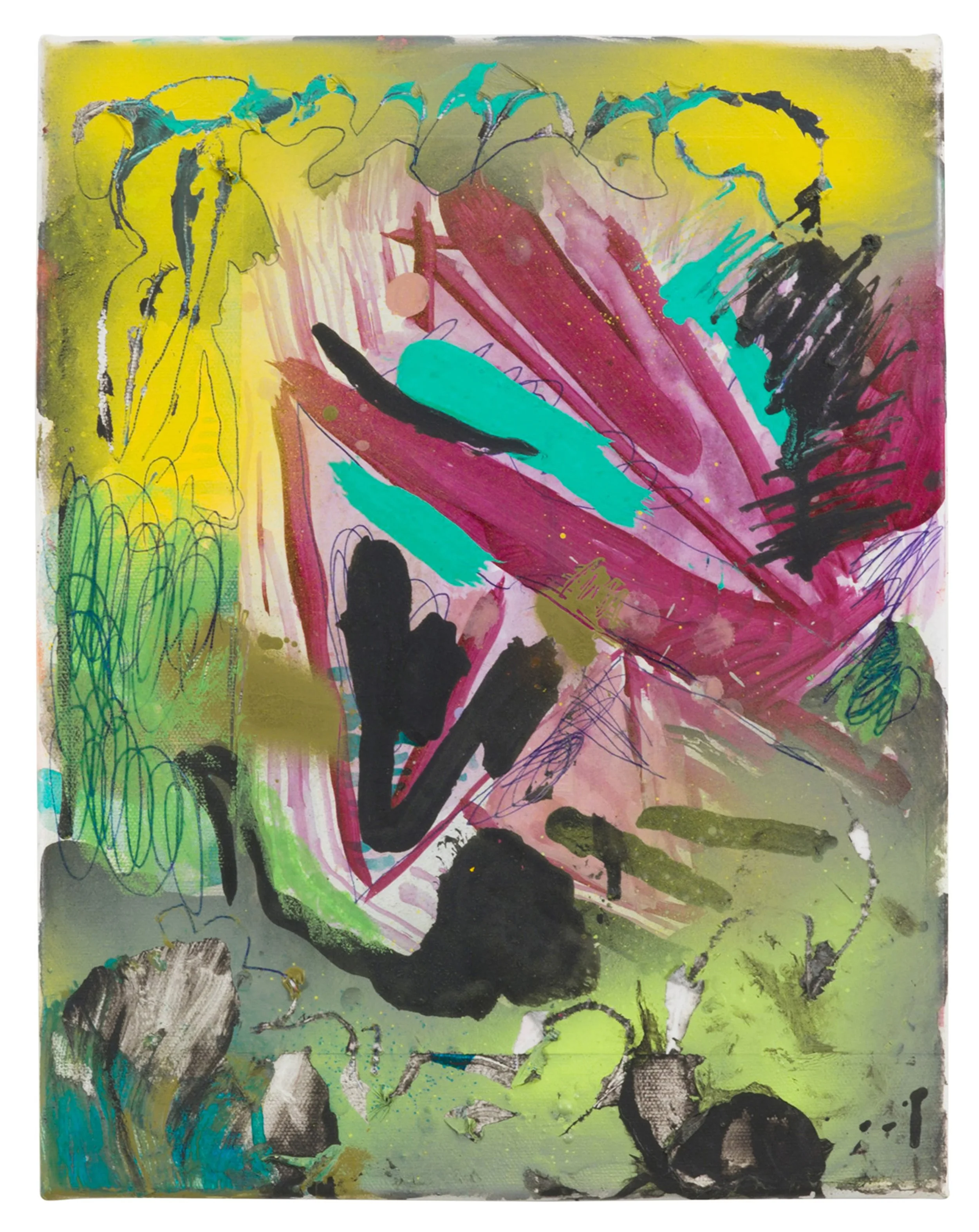  Drew Beattie and Ben Shepard  Motoring Home   2015 acrylic, spray paint, ballpoint and paper on canvas 14 x 11 inches 