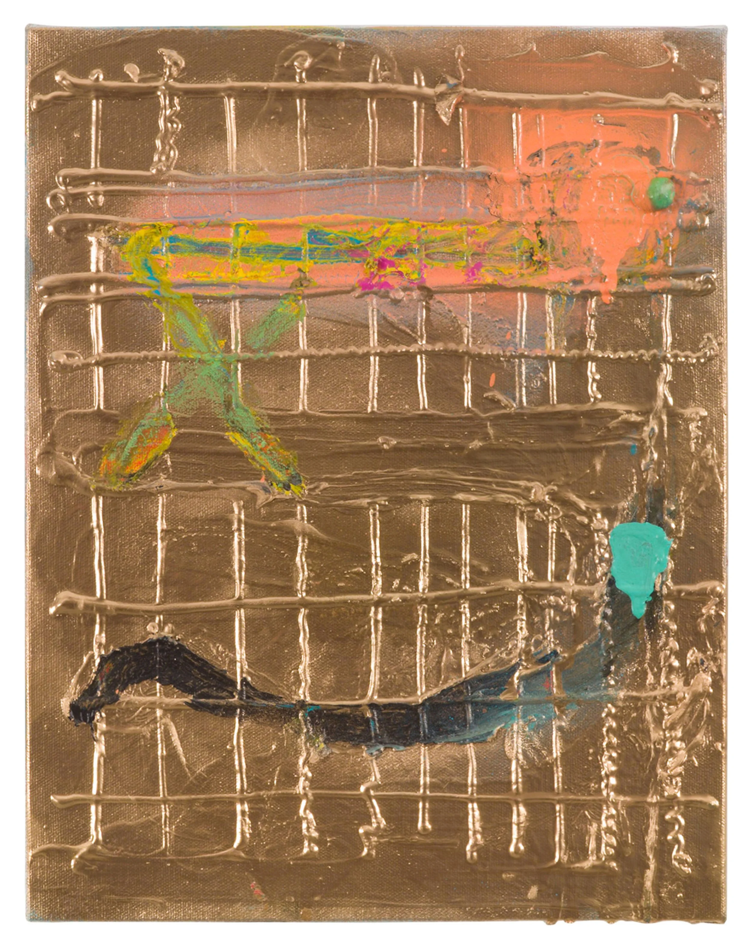  Drew Beattie and Ben Shepard  Gold Grid   2015 acrylic, spray paint and Liquid Nails on canvas 14 x 11 inches 