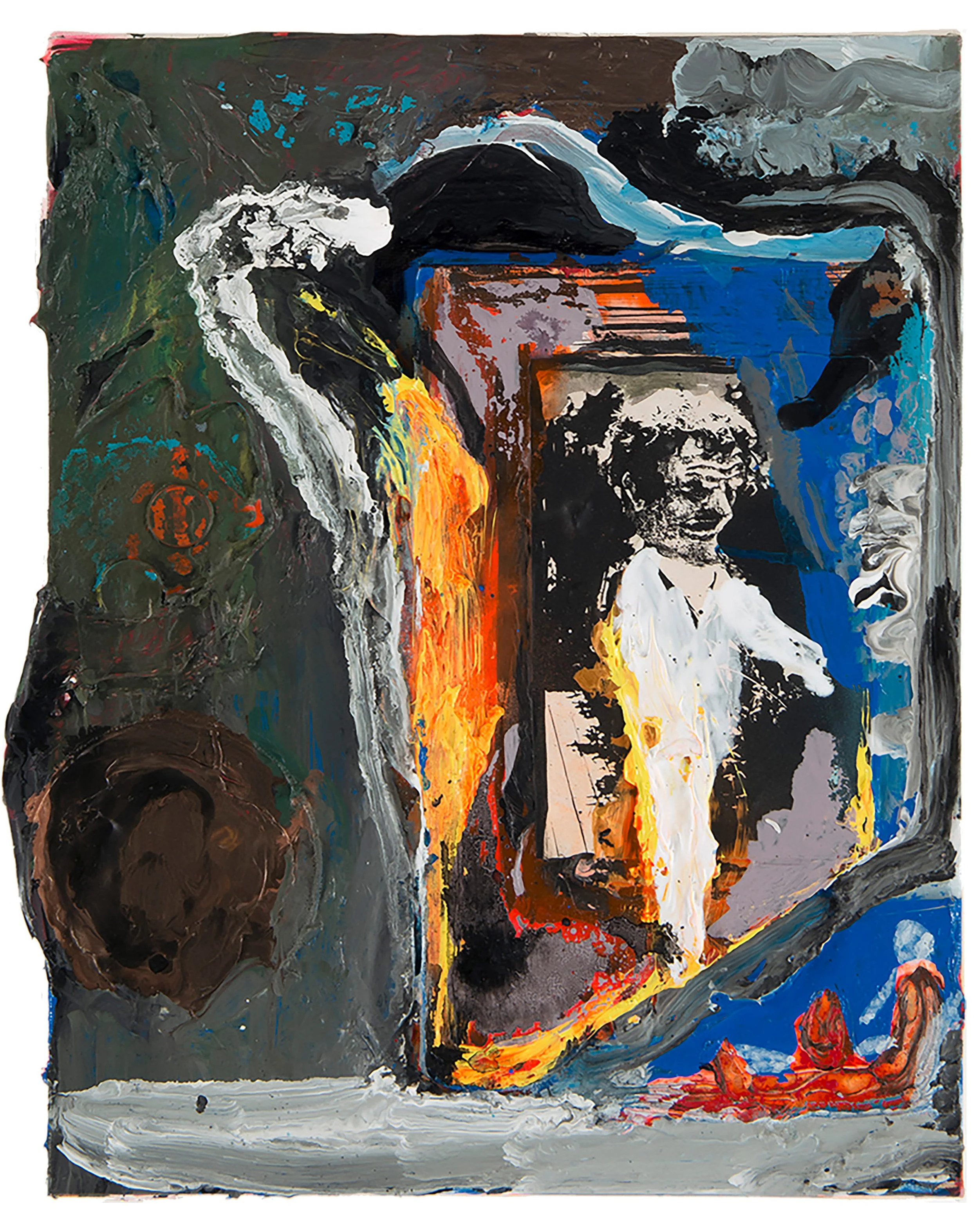  Drew Beattie and Ben Shepard  George in California   2014 oil, acrylic, crayon, photocopy, wood and pennies on canvas 14 x 11 1/2 inches 