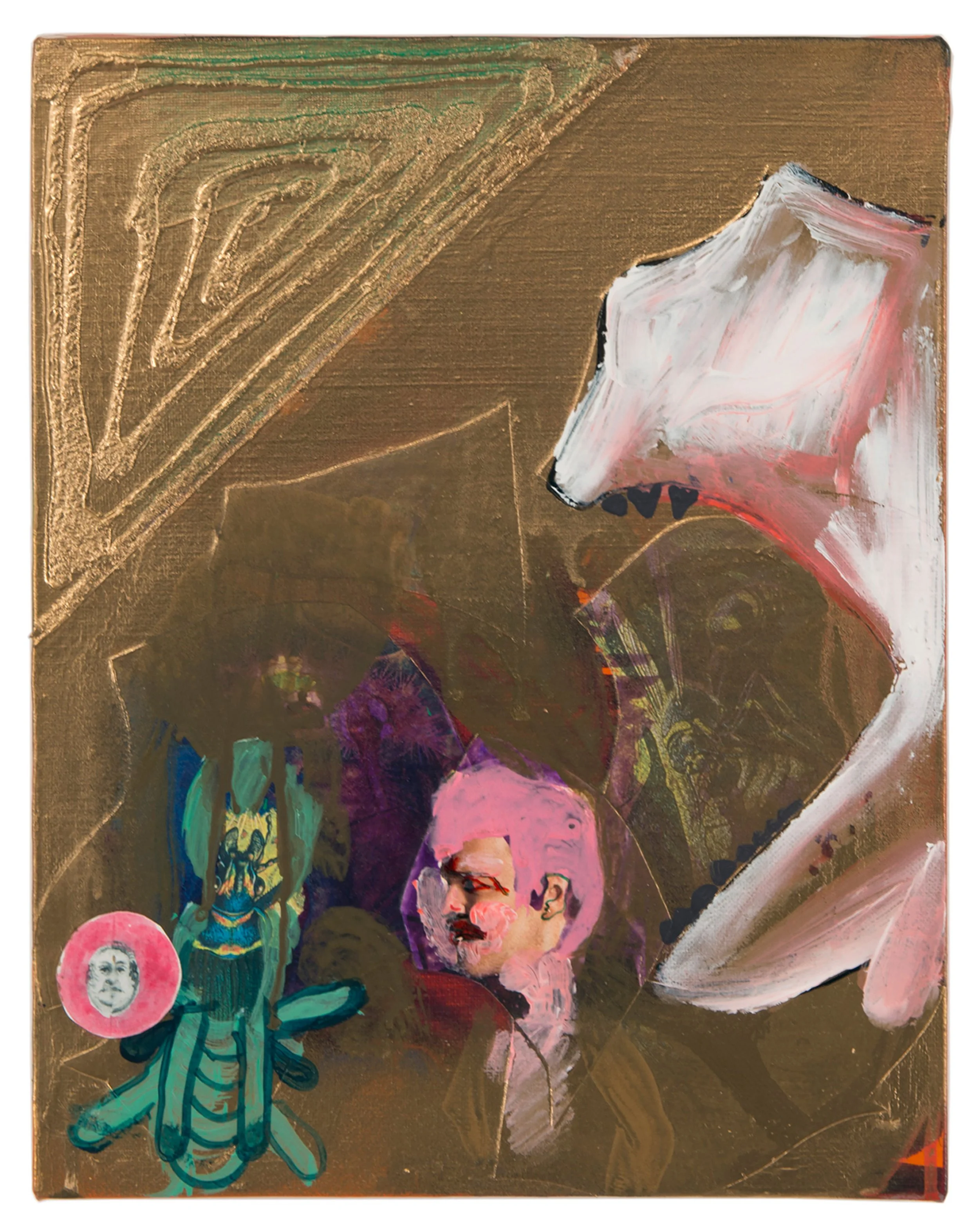  Drew Beattie  Leftover People &nbsp; 2012 acrylic, spray paint, collage and hot glue on canvas &nbsp; 14 x 11 inches 