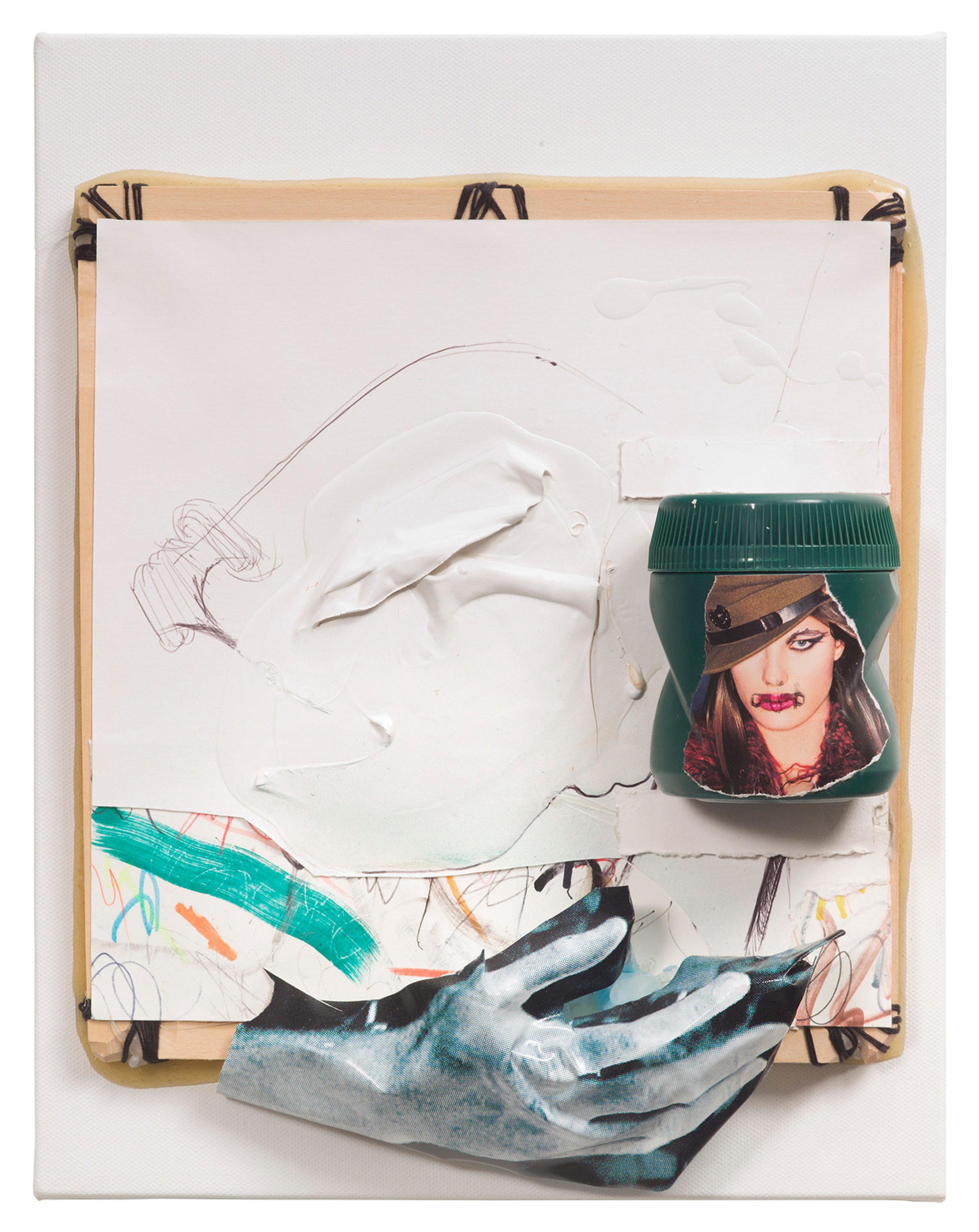  Drew Beattie  Milkweed   2008 enamel, marker, photo reproductions, ball point pen, plastic jar, paper and thread on wood 14 x 11 inches 