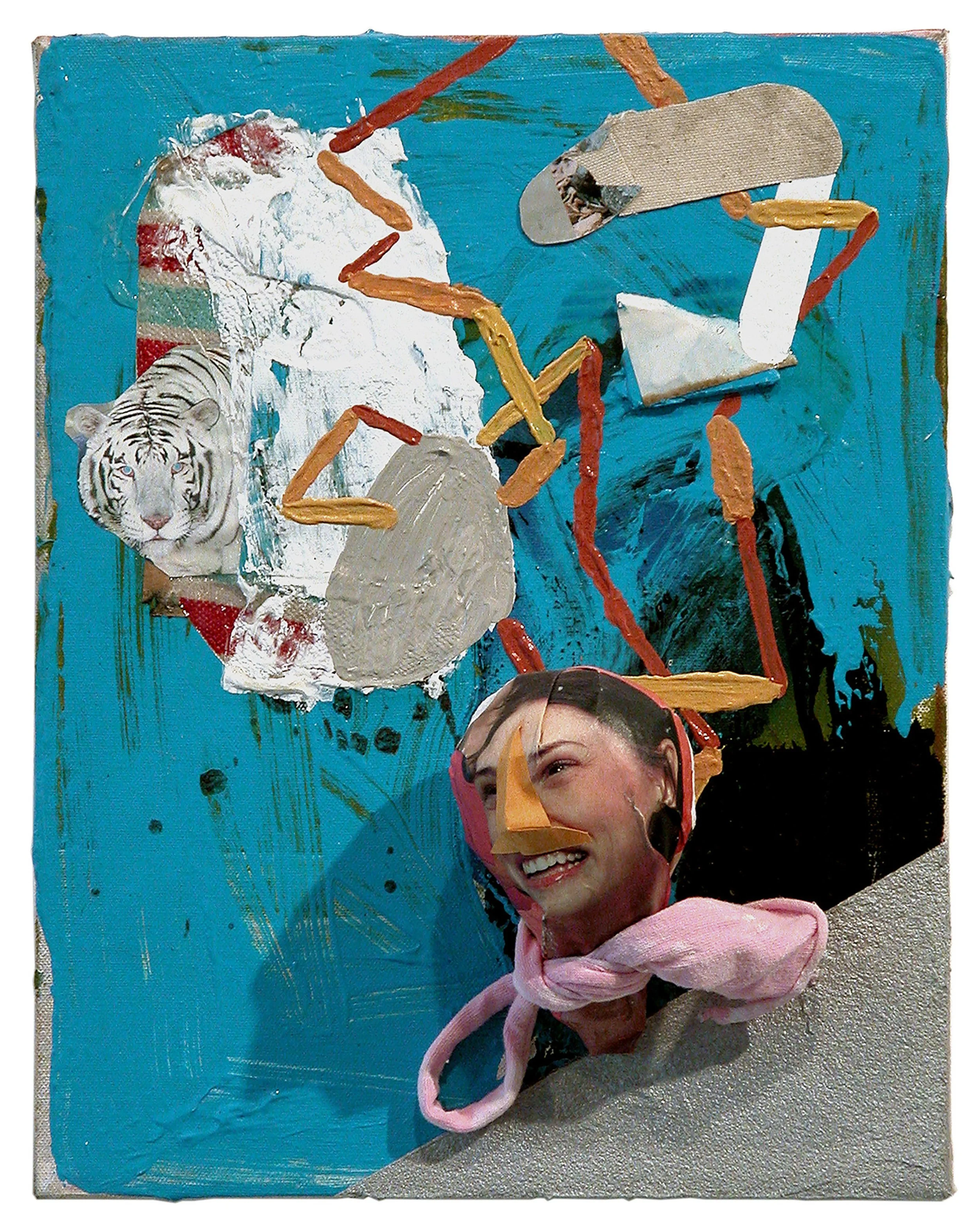  Drew Beattie  White Tiger &nbsp; 2005 acrylic, collage, paper maché and fabric on canvas 14 x 11 inches 