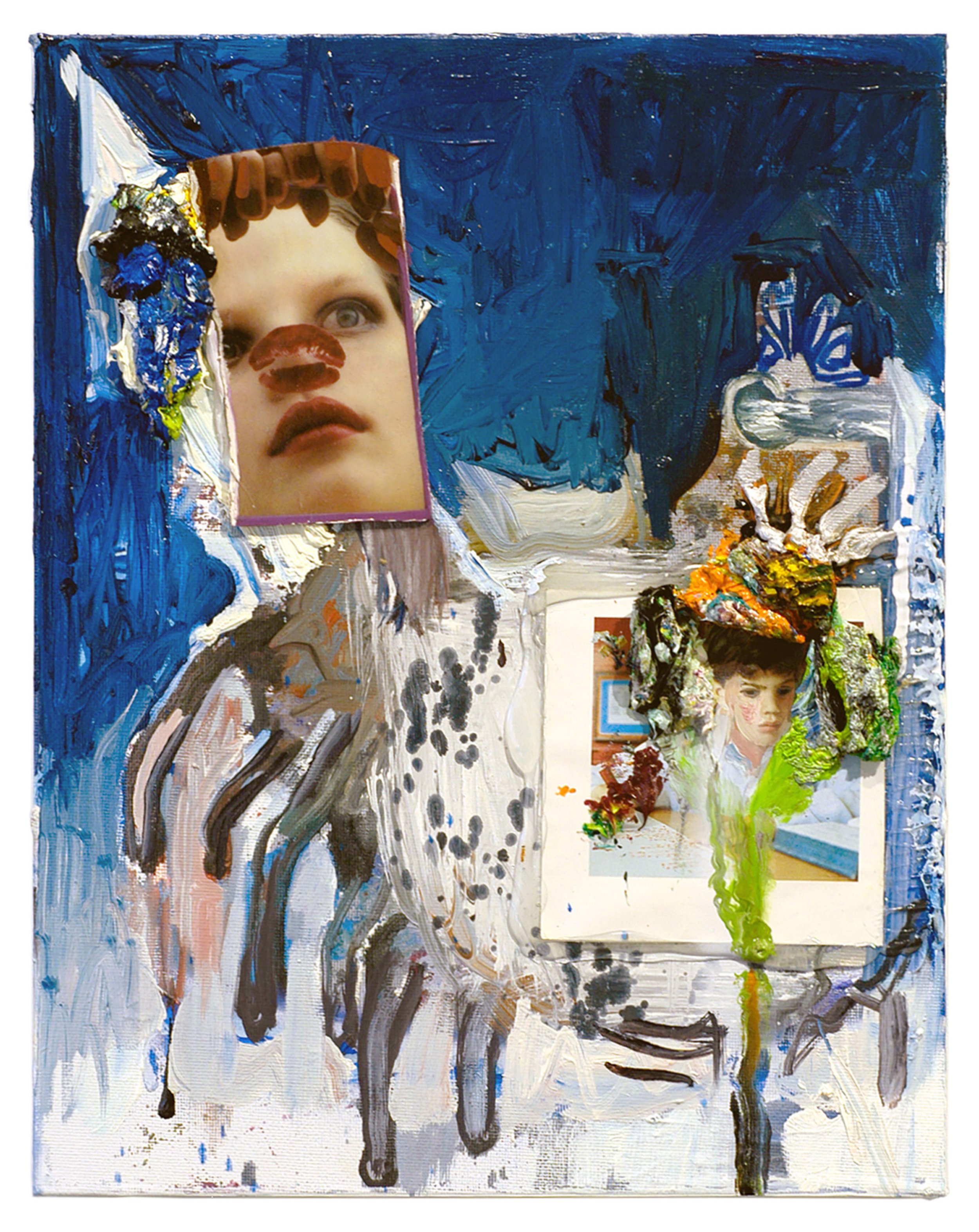  Drew Beattie  Birthday &nbsp; 2005 oil, spray paint, collage, hot glue and plexiglass on canvas board on stretcher 14 x 11 inches 