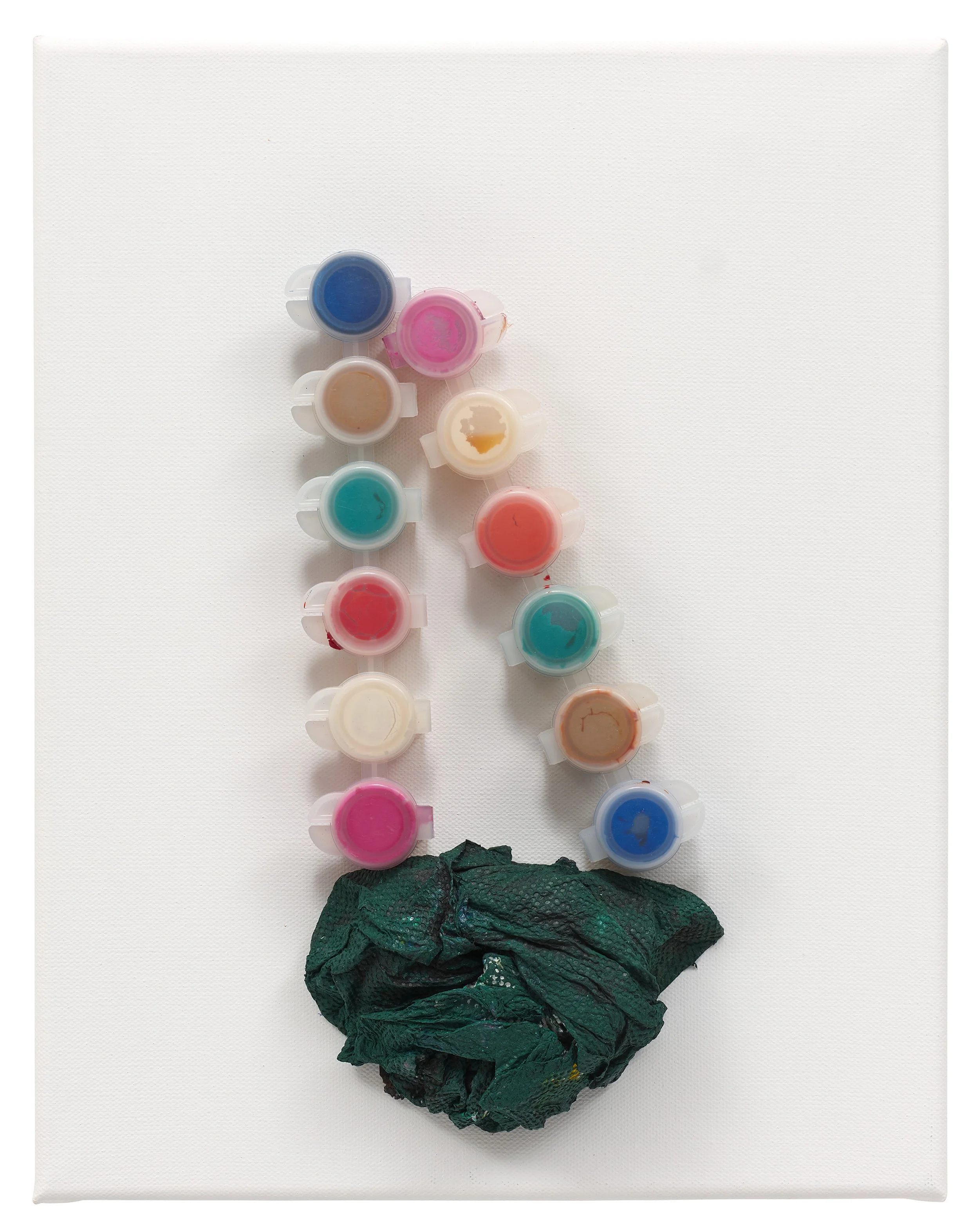  Drew Beattie  Frog Clown   2022 acrylic, paper towel, plastic paint containers and epoxy on canvas 14 x 11 inches 