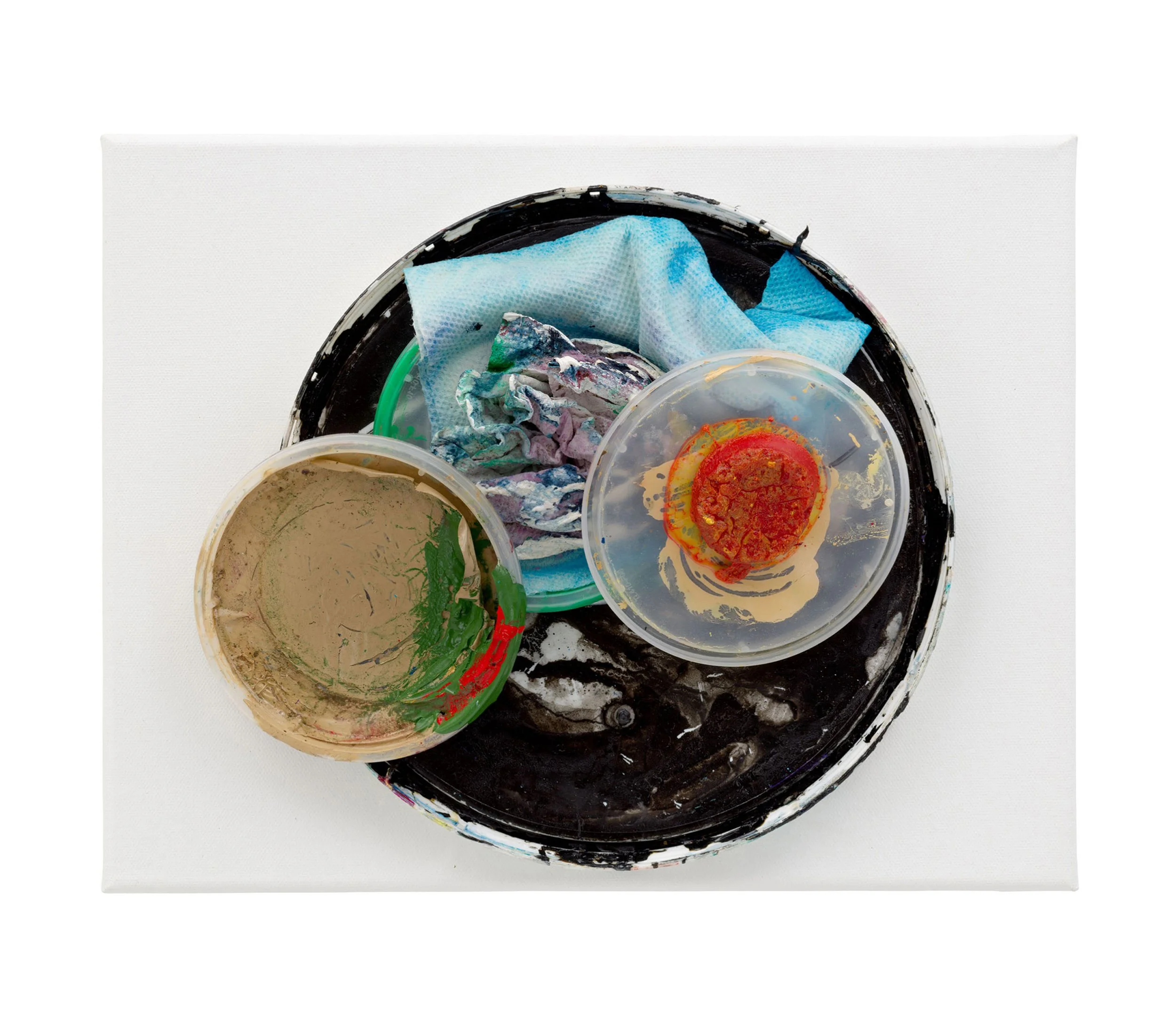  Drew Beattie  Marvin in the World   2022 acrylic, paper towel, and plastic lids on canvas 11 x 14 inches 