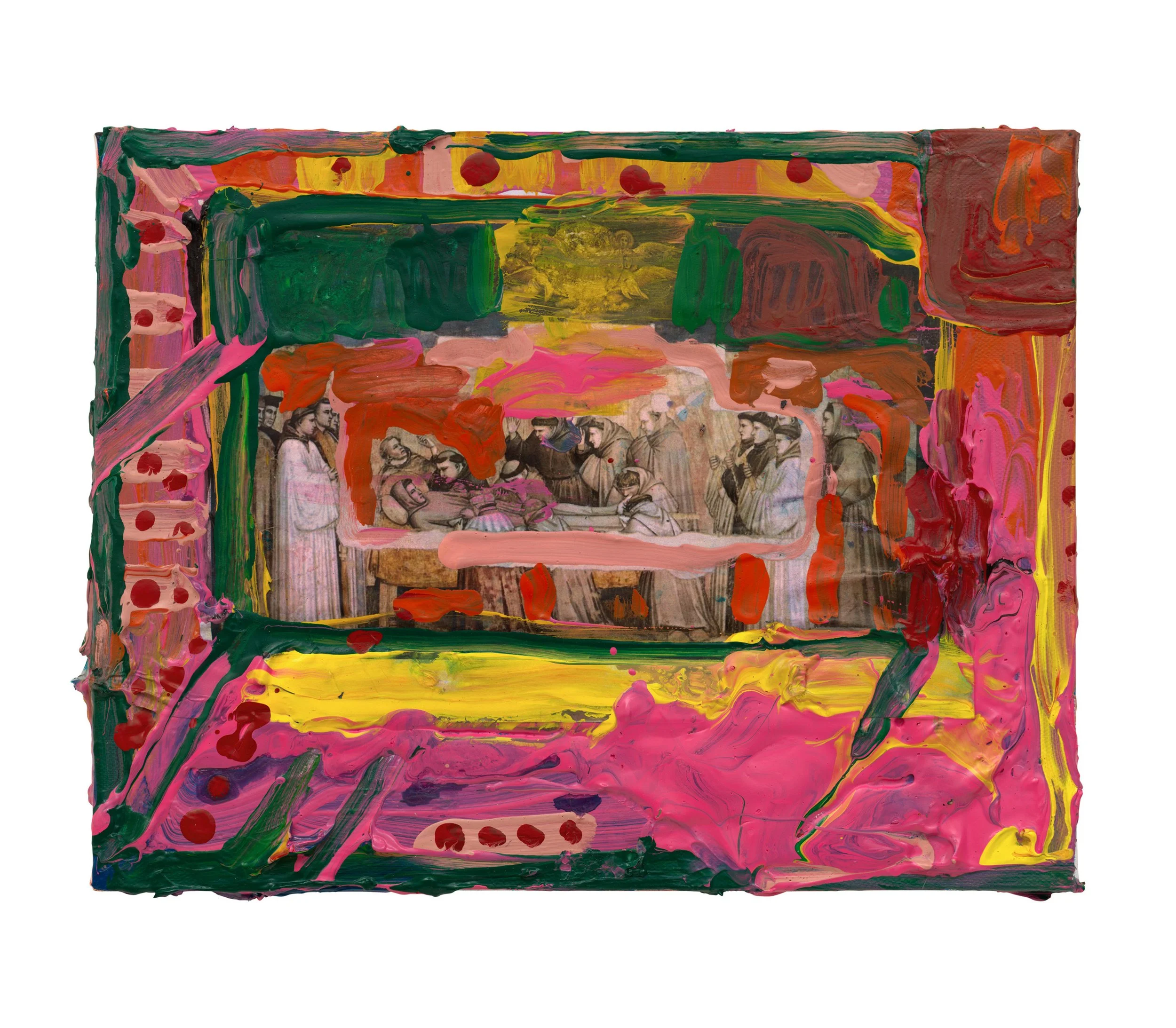  Drew Beattie and Ben Shepard  Small Death of St Francis 1   2022 acrylic and collage on canvas 11 x 14 inches 