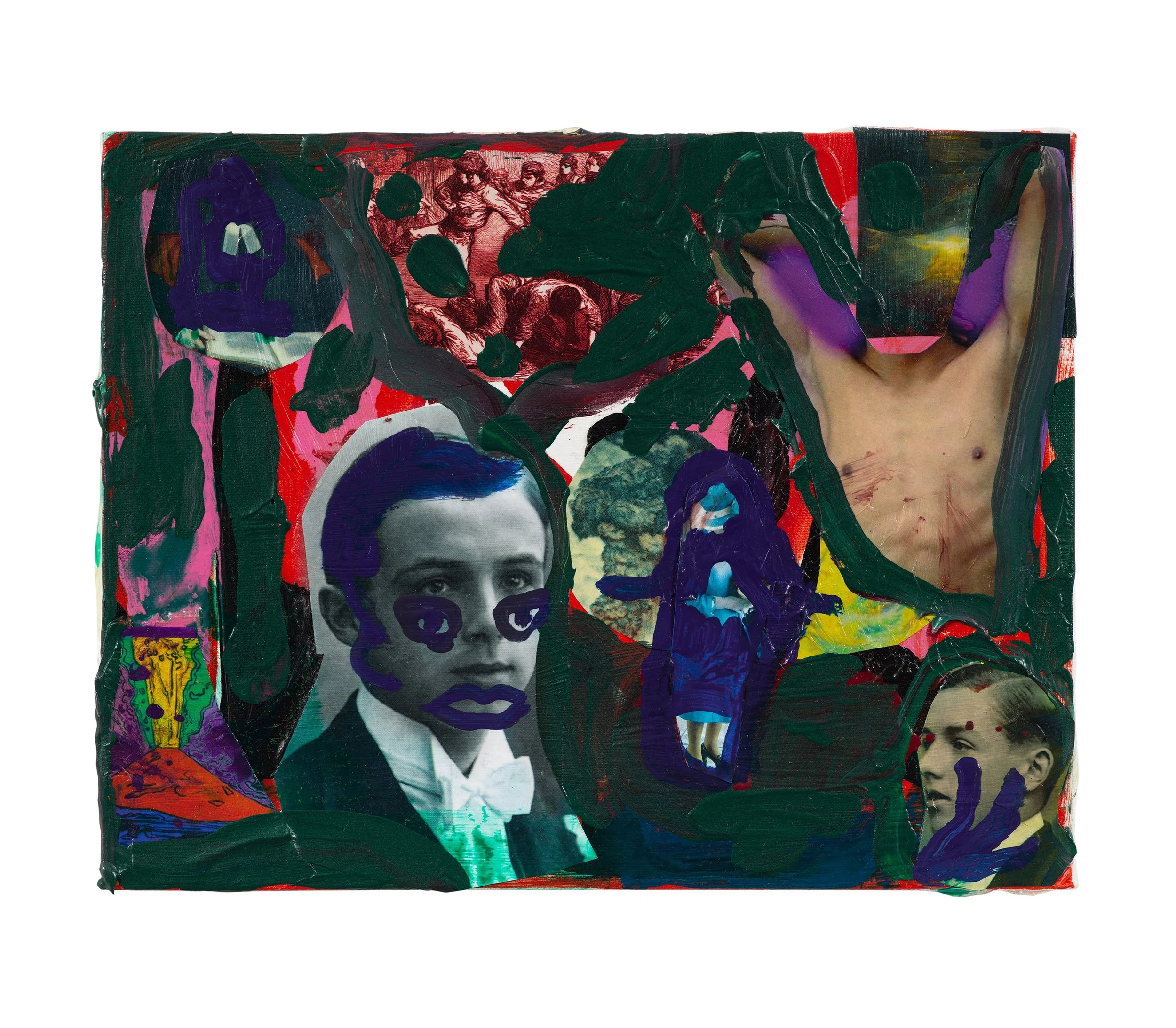  Drew Beattie and Ben Shepard  History Club   2021 acrylic, spray paint and collage on canvas 11 x 14 inches 