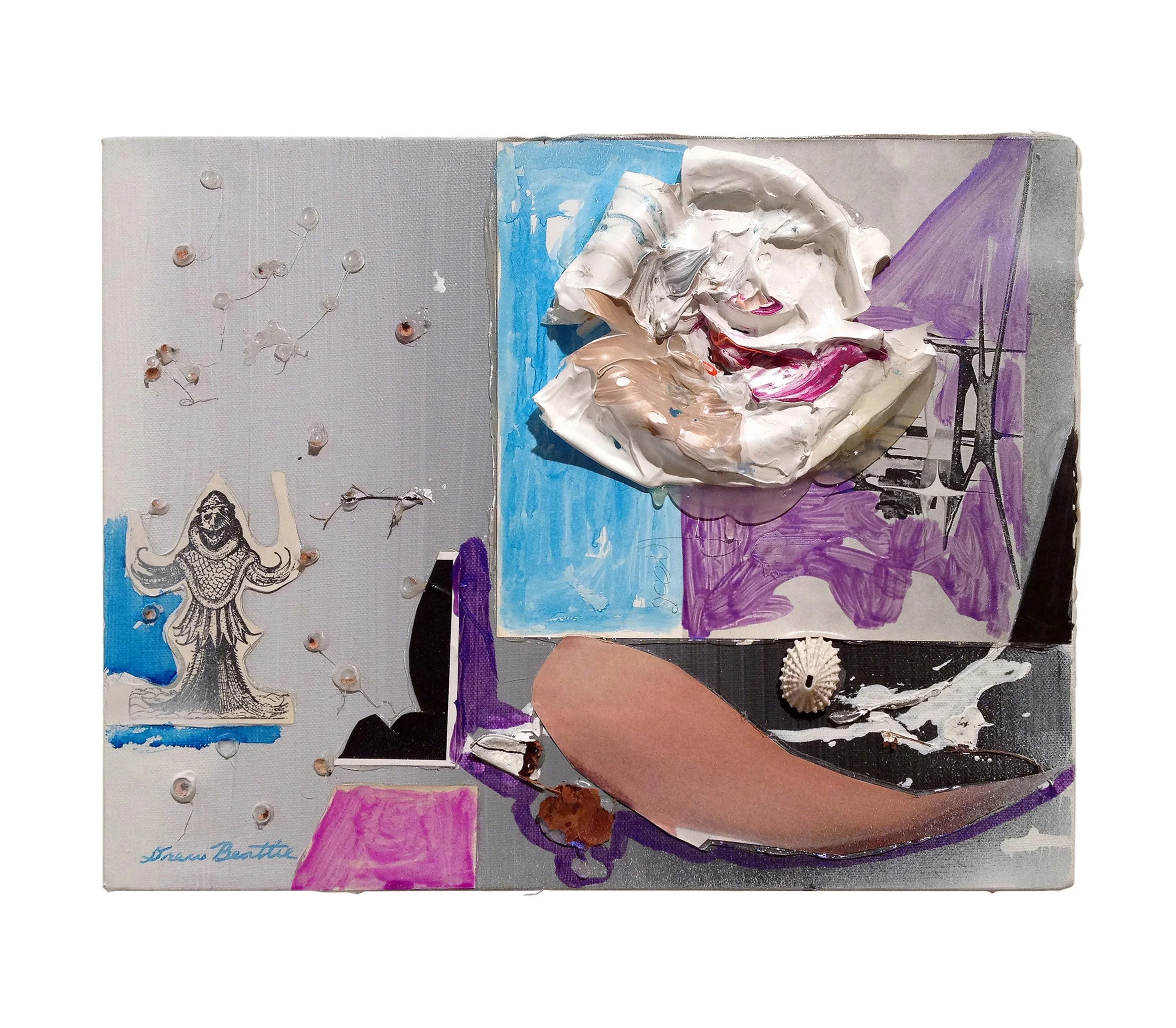  Drew Beattie  Mediterranean   2014 acrylic, shell, leaf, collage and hot glue on canvas 11 x 14 inches 