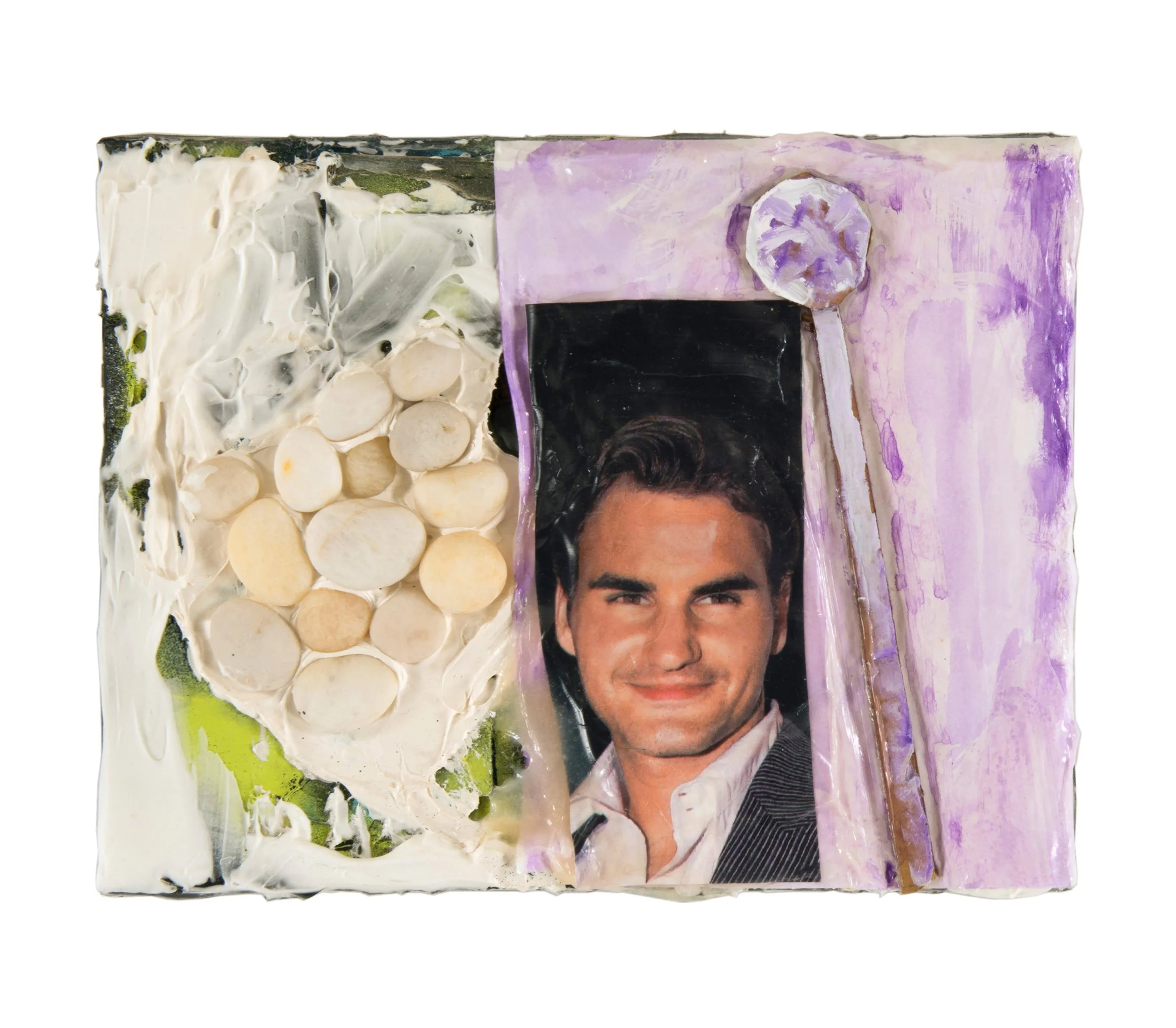 Drew Beattie  Roger, Rocks and Flower &nbsp; 2010 acrylic, rocks, cardboard, paper and collage on canvas &nbsp; &nbsp; 11 x 14 inches 