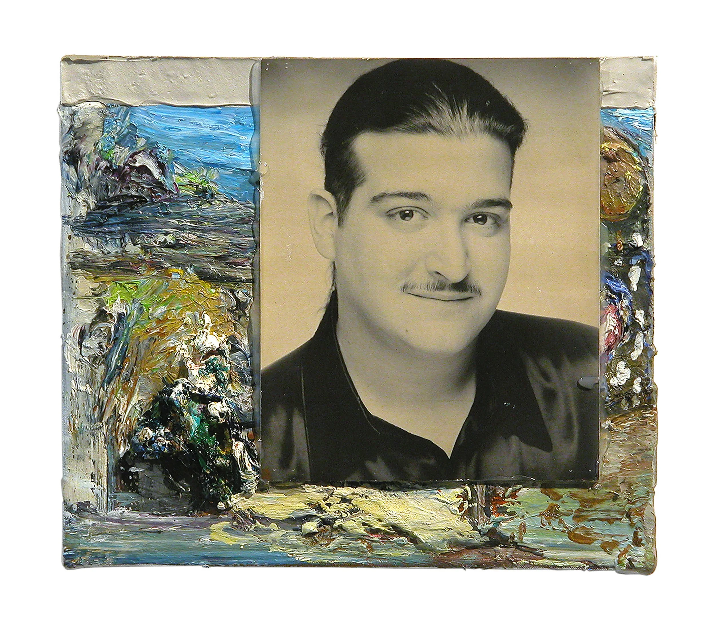  Drew Beattie  Paul’s Place &nbsp; 2006 oil, bondo, aluminum roofing paint, photograph and hot glue on canvas 12¼ x 14 inches 