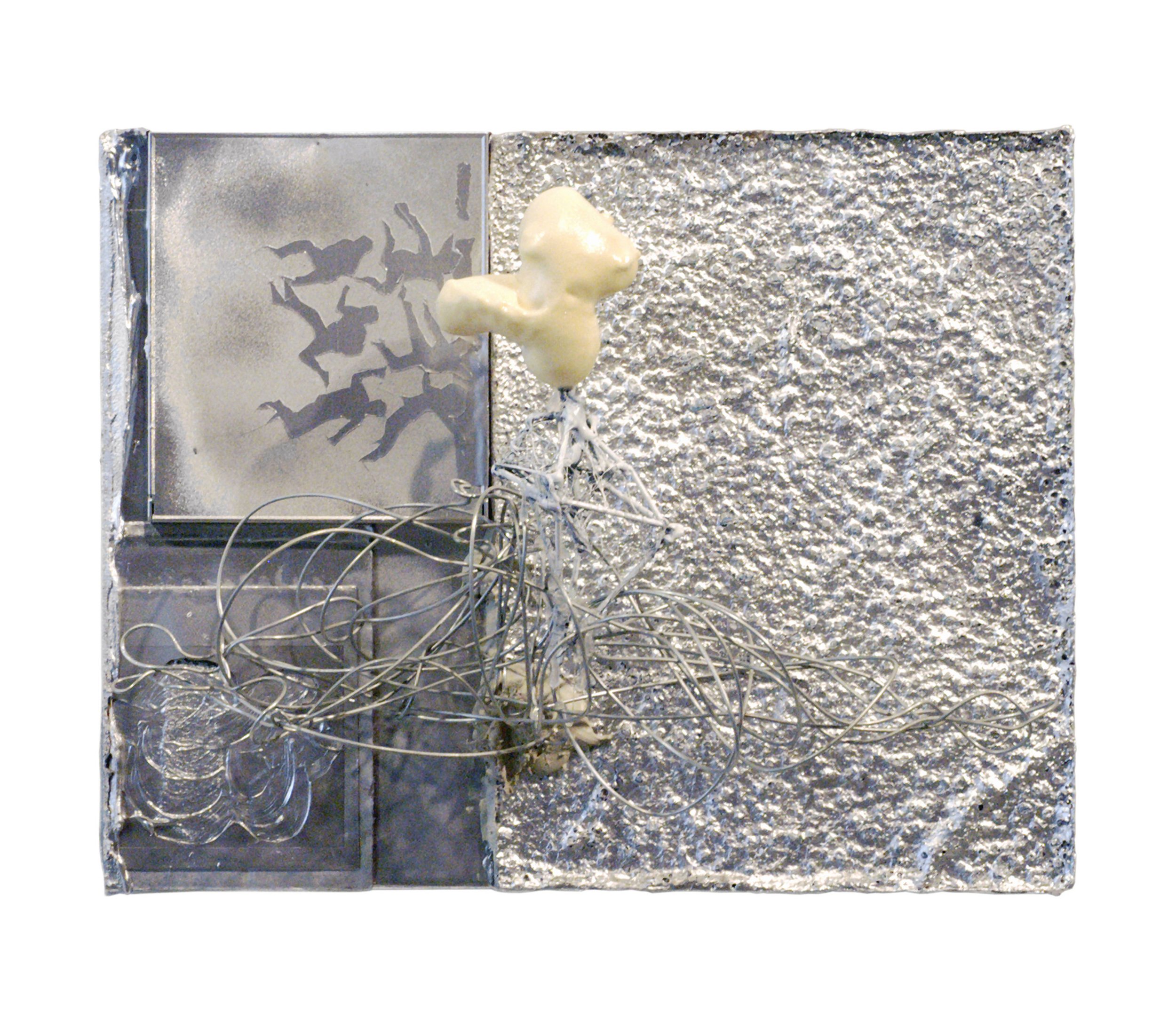  Drew Beattie  Silver Death   2006 CD case, bondo, tape, styrofoam, polaroid, spray paint, wire, toothpicks, hot glue and industrial foam on canvas&nbsp; 11 x 14 inches 