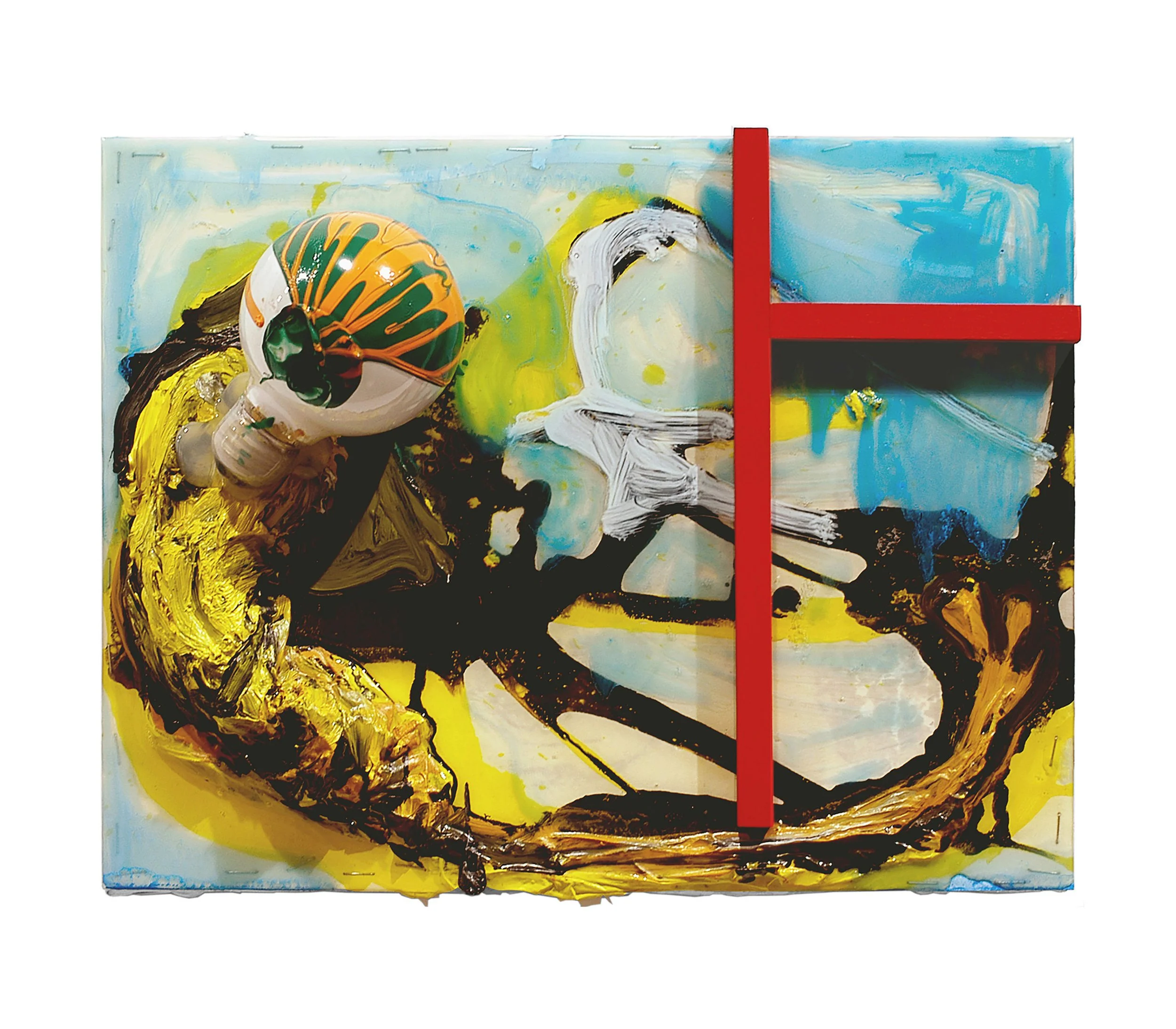 Drew Beattie  Creature Near Structure &nbsp; 2005 oil, enamel, acrylic, resin, light bulb, hot glue, plastic, wood, staples and paper on canvas 11 x 14 inches 