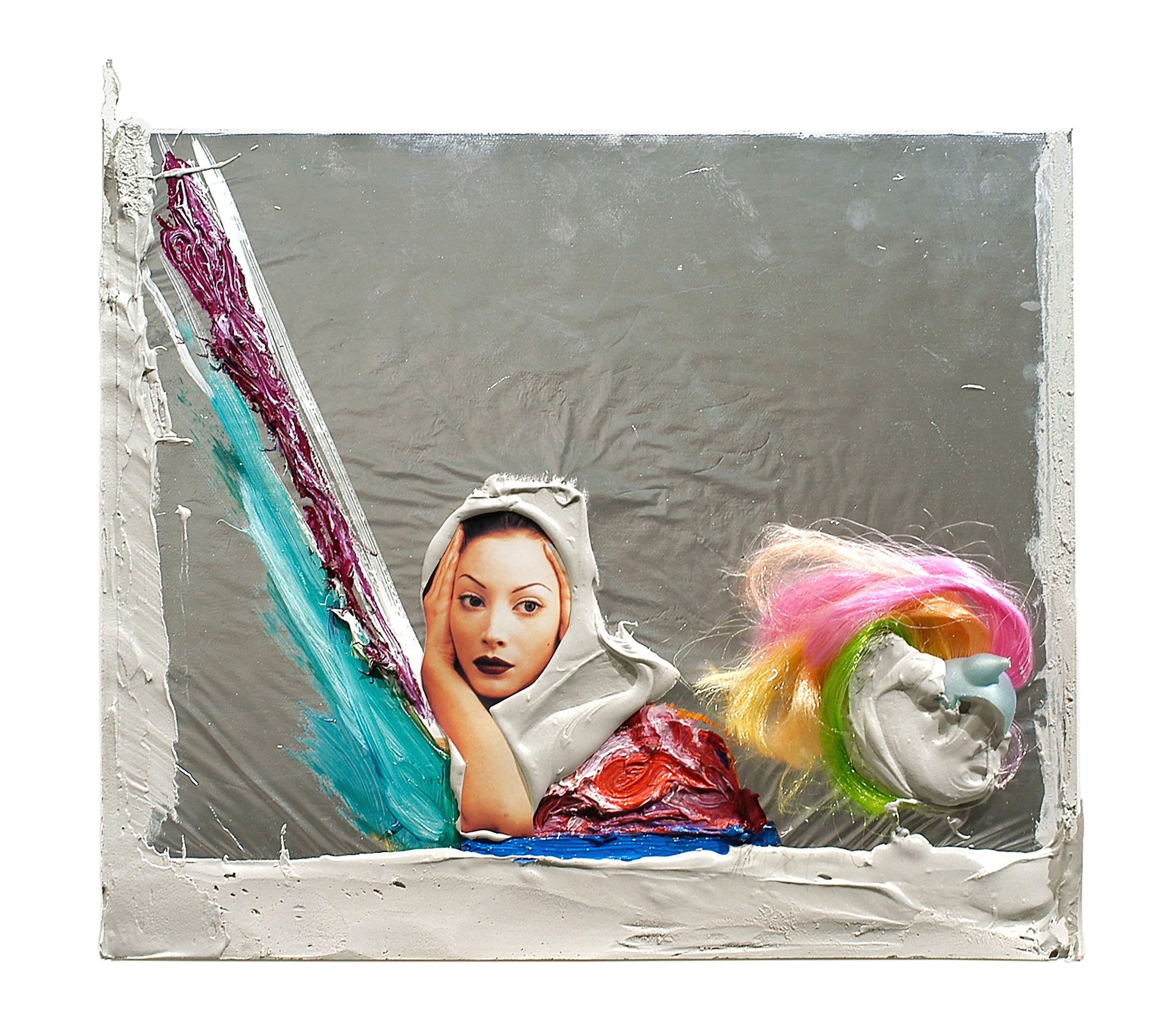  Drew Beattie  Carrier,  2005 bondo, collage, plastic, oil and foil on canvas &nbsp;&nbsp;&nbsp; &nbsp; 13½ x 14½ inches 