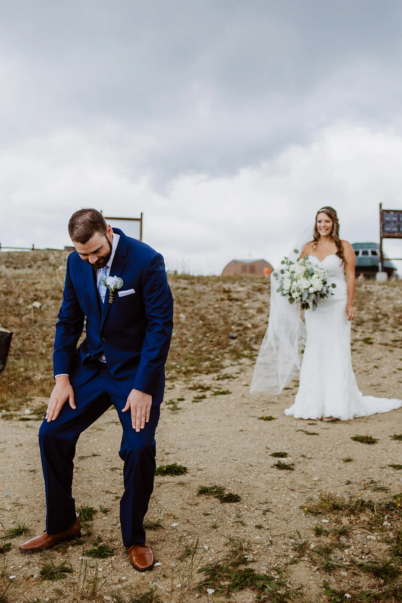 Bride and groom at first look at Keystone, Colorado mountain wedding