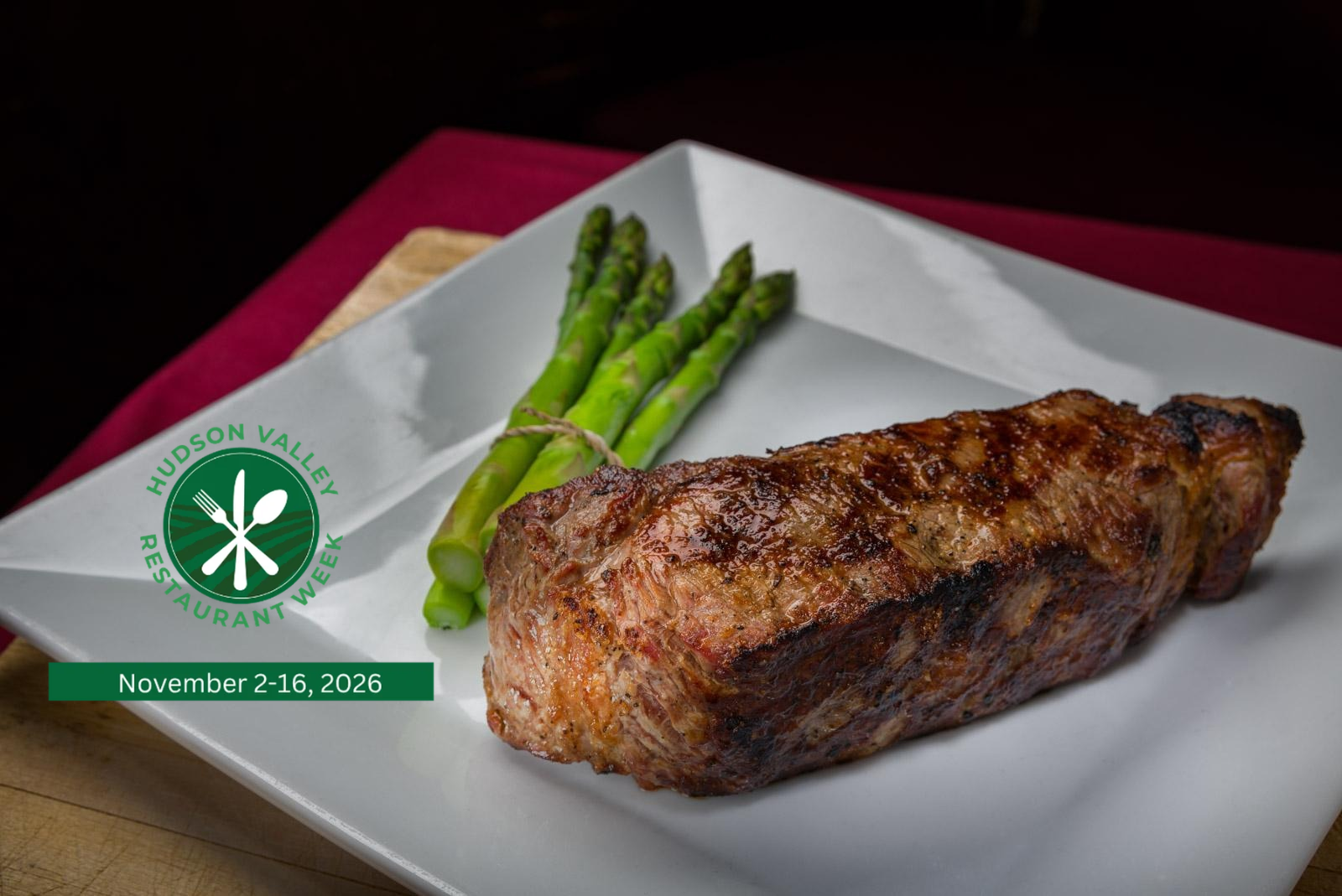 Steak and asparagus at Brasserie Le Steak with Hudson Valley Restaurant Week logo, November 2–16, 2026