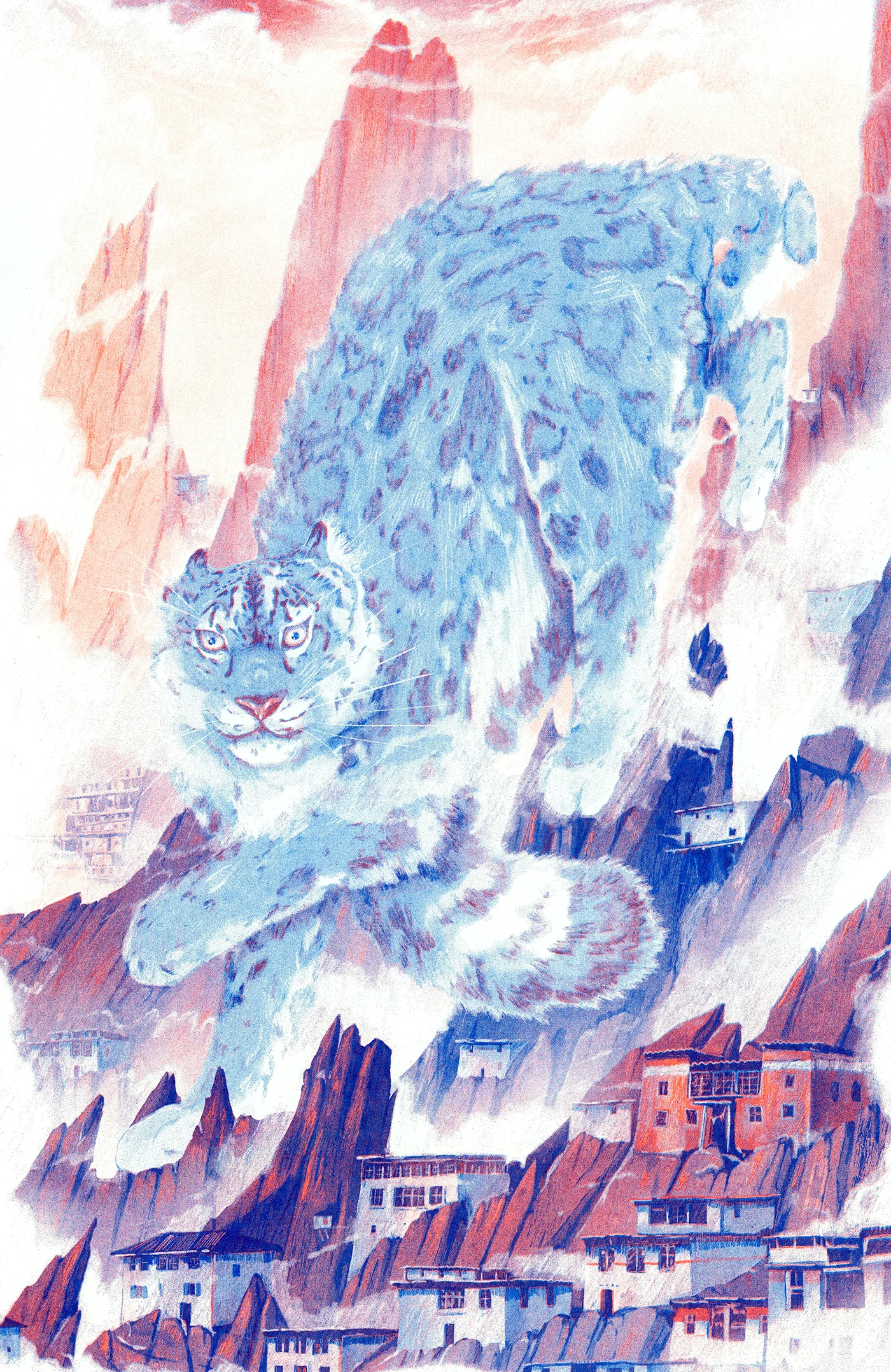 Snow Leopard. 11x17. 2 Colour Risograph. $20 + Shipping