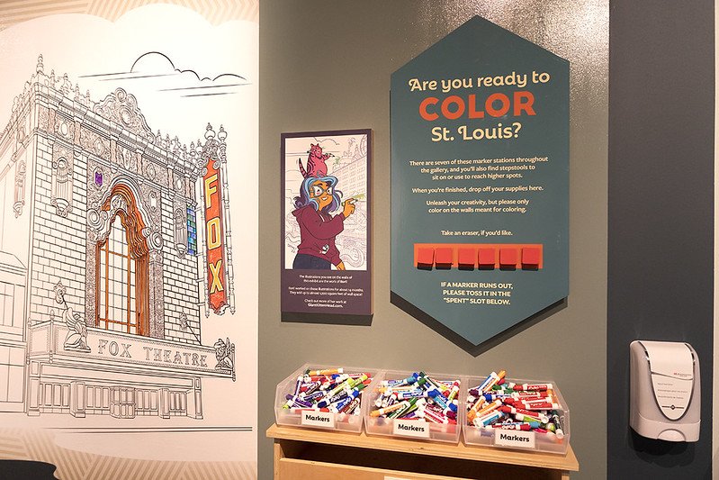  Rori’s Artist illustration, piles of expos markers and the exhibit’s first illustration: The Fabulous Fox Theatre! At the ColoringSTL exhibit at Missouri History Museum. Photo Courtesy Missouri History Museum. 