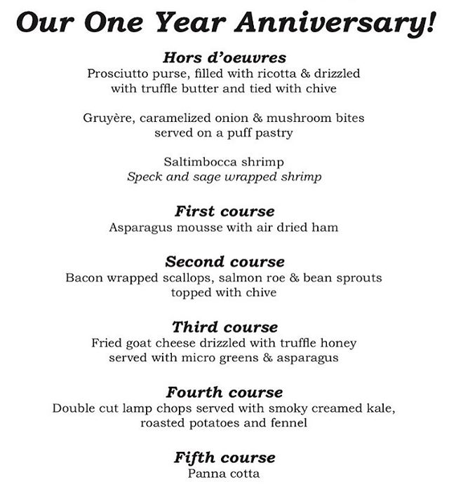 It's official!! The menu for our next fine dining night on 3/24/18 celebrating our one year anniversary!! #oneyearanniversary #vcgourmet #inlandempire #easthighland #redlands #highlandca #iefoodie #inlandempireexplorer #forkreport #chefmode #ForTheChefs #chefsofinstagram #chefsoninstagram #LAchefs #lafoodies #cheflife #eaterla #latimesfood #zagat #spoonfeed #foodbeast #thisisinsider #insiderfood #eatfamous #buzzfeast #mychefstable #finediningnight #lorenziestatewines