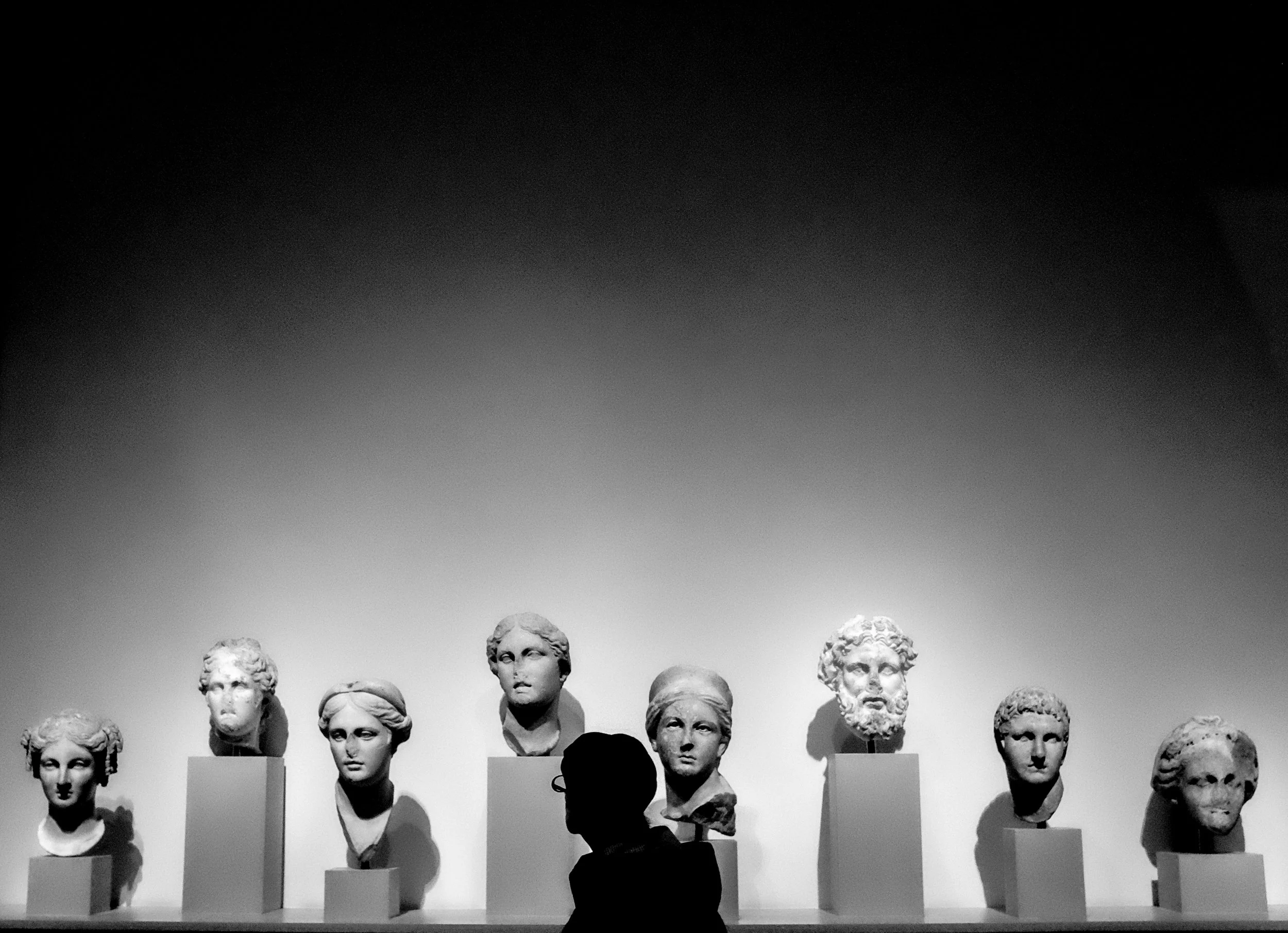  A museum visitor examines a row of busts. 