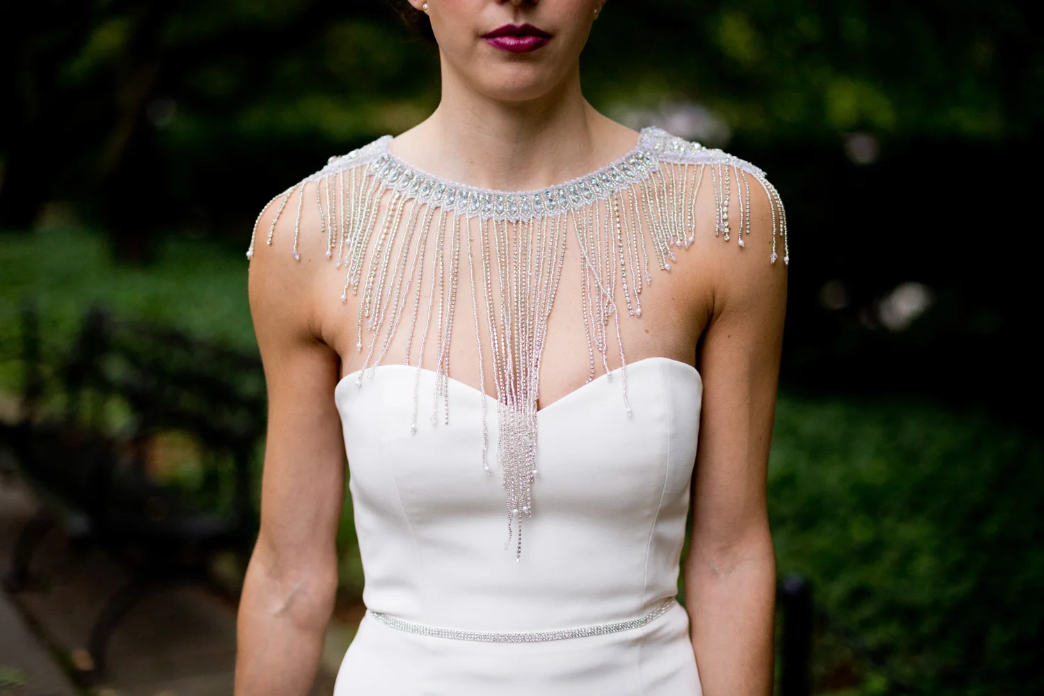 A stunning collar gave a dramatic look to the classic and simple lines of Justine's dress