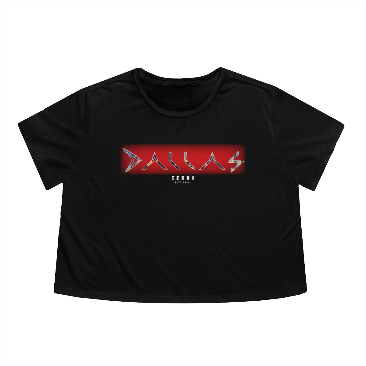 Dallas crop tee with skyline-letter font on front in red and white