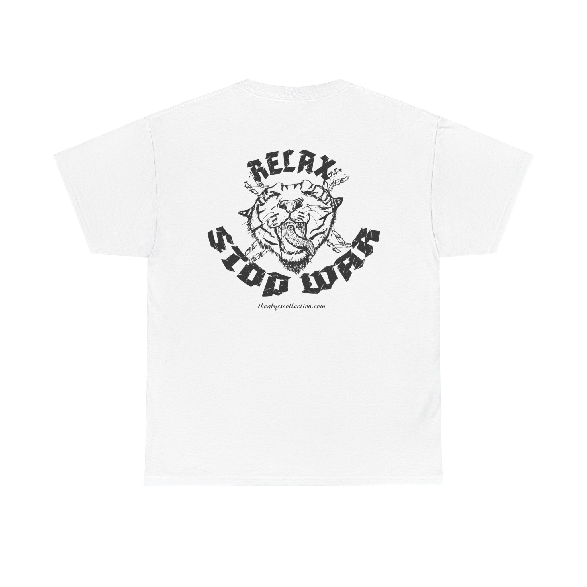 Bold anti-war graphic of a yawning tiger with the phrase “Relax Stop War” surrounding it, chains broken behind.