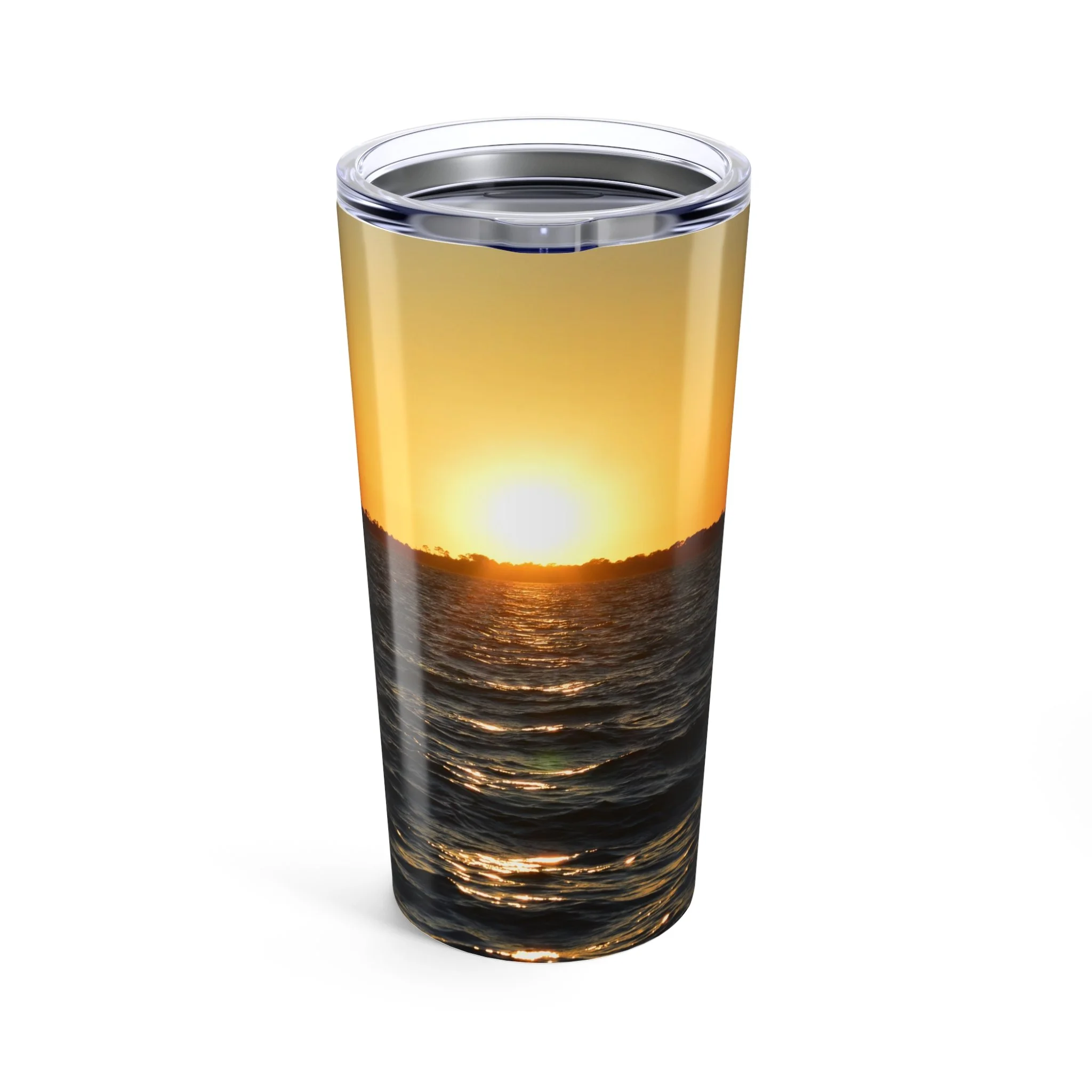 "20oz stainless steel tumbler featuring golden sunset over ocean waves — calming insulated drinkware for outdoor lovers"