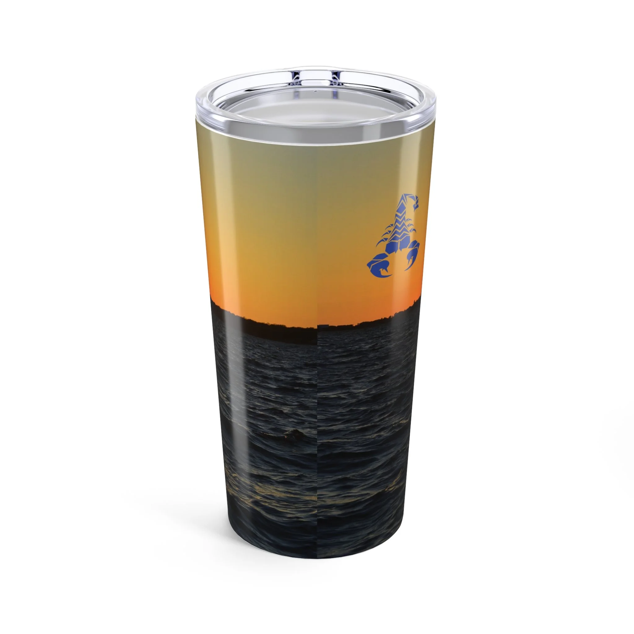 "20oz stainless steel tumbler featuring The Abyss Collection logo and a golden sunset over ocean waves — calming insulated drinkware for outdoor lovers"